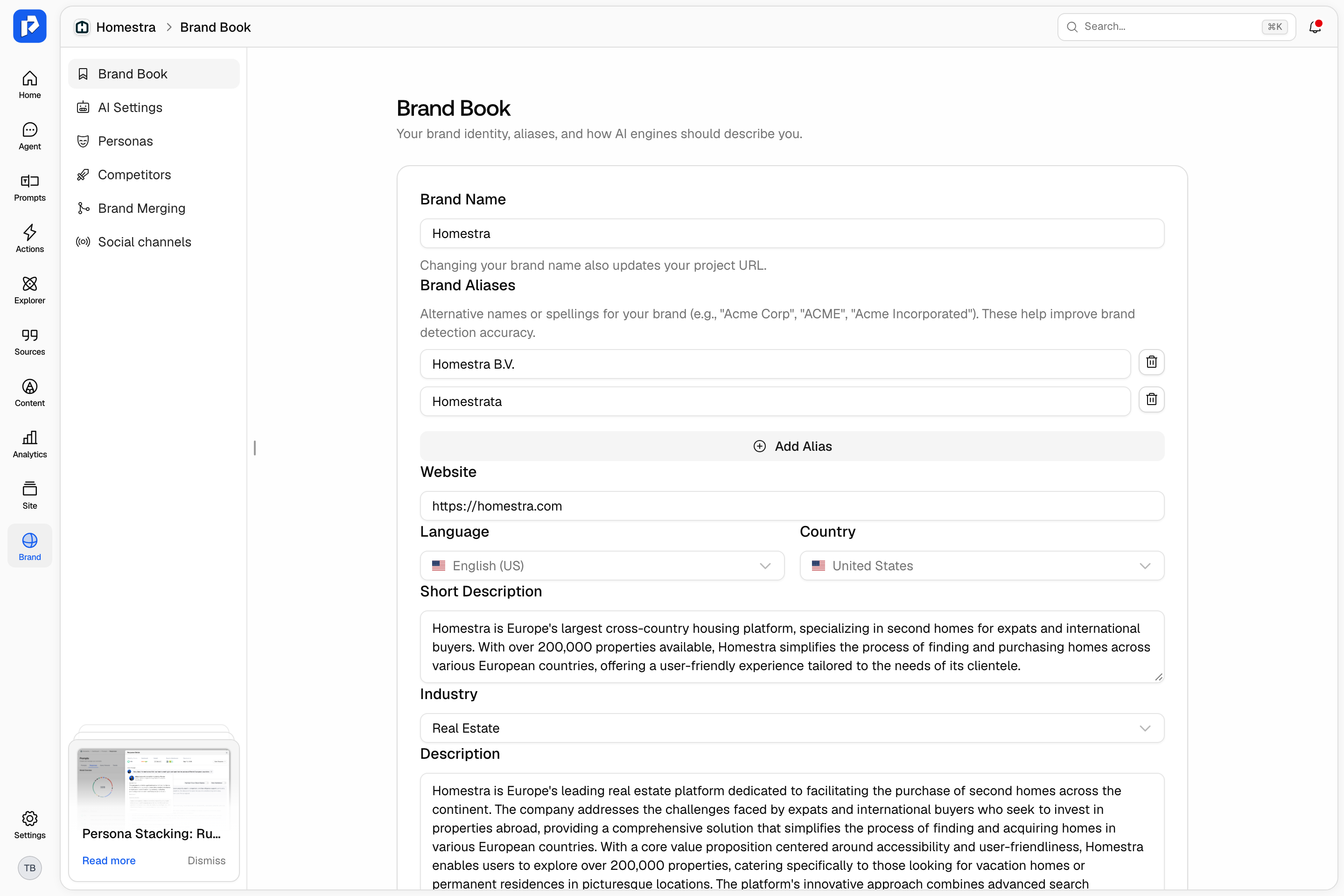 The Brand Book page with the Brand tile selected in the navigation rail and its inner navigation listing Brand Book, AI Settings, Personas, Competitors, Brand Merging and Social channels.