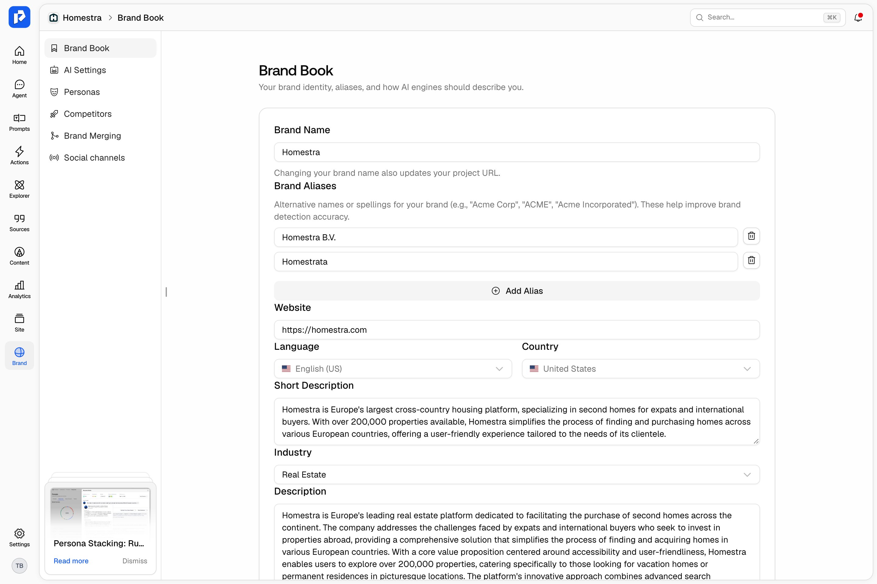 The Brand Book page with the Brand tile selected in the navigation rail and its inner navigation listing Brand Book, AI Settings, Personas, Competitors, Brand Merging and Social channels.