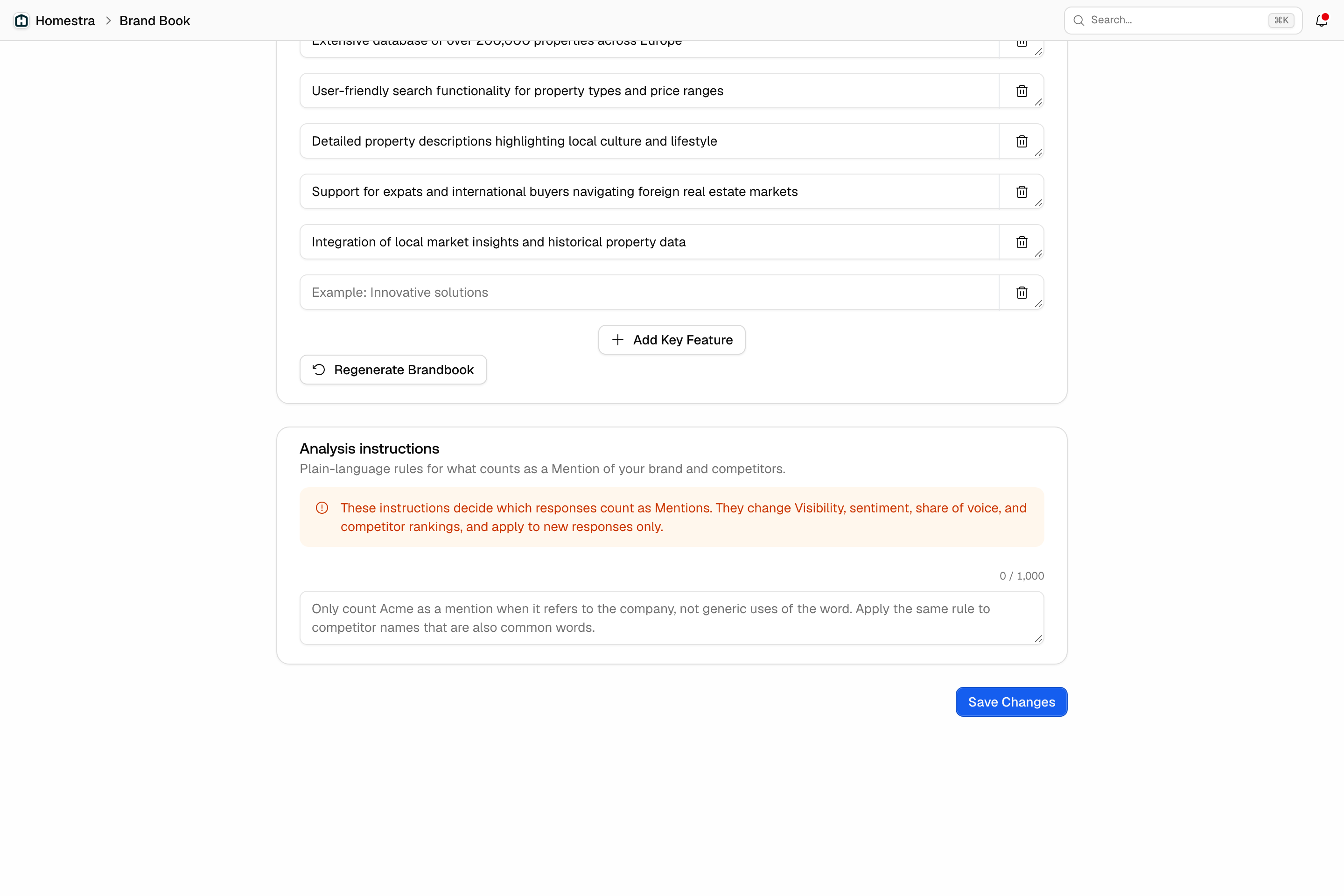The Promptwatch Brand Book form with the Regenerate Brandbook button below the key features and the Save Changes button at the bottom right.