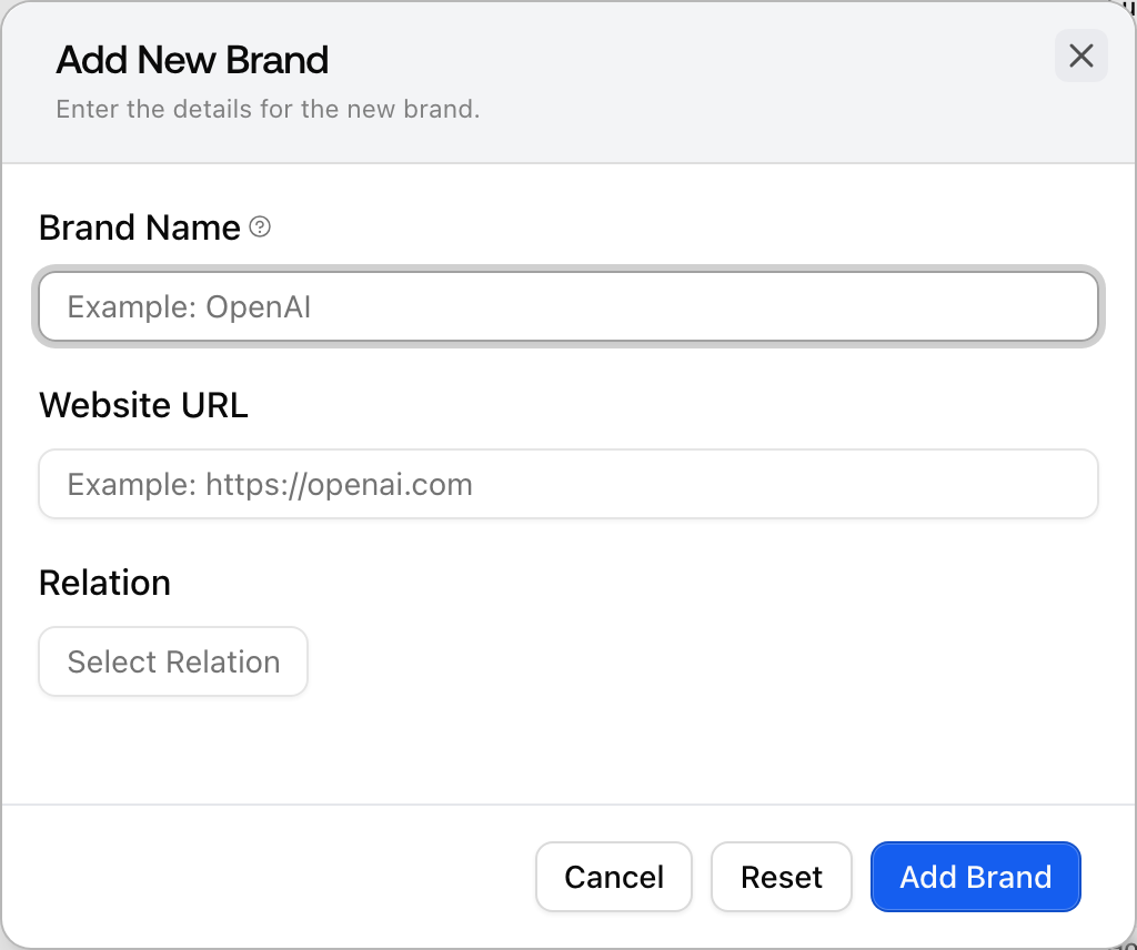 The Add New Brand dialog in Promptwatch where you enter a competitor's brand name, website URL, and relation to add it manually.