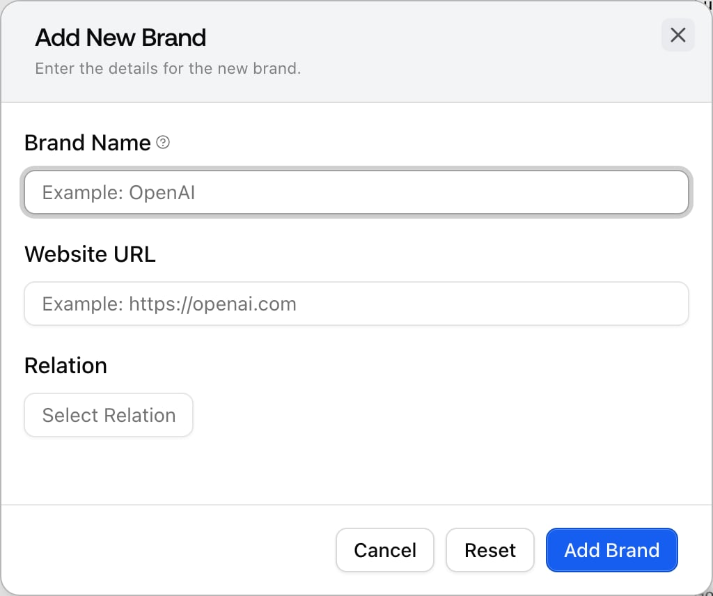 The Add New Brand dialog in Promptwatch where you enter a competitor's brand name, website URL, and relation to add it manually.