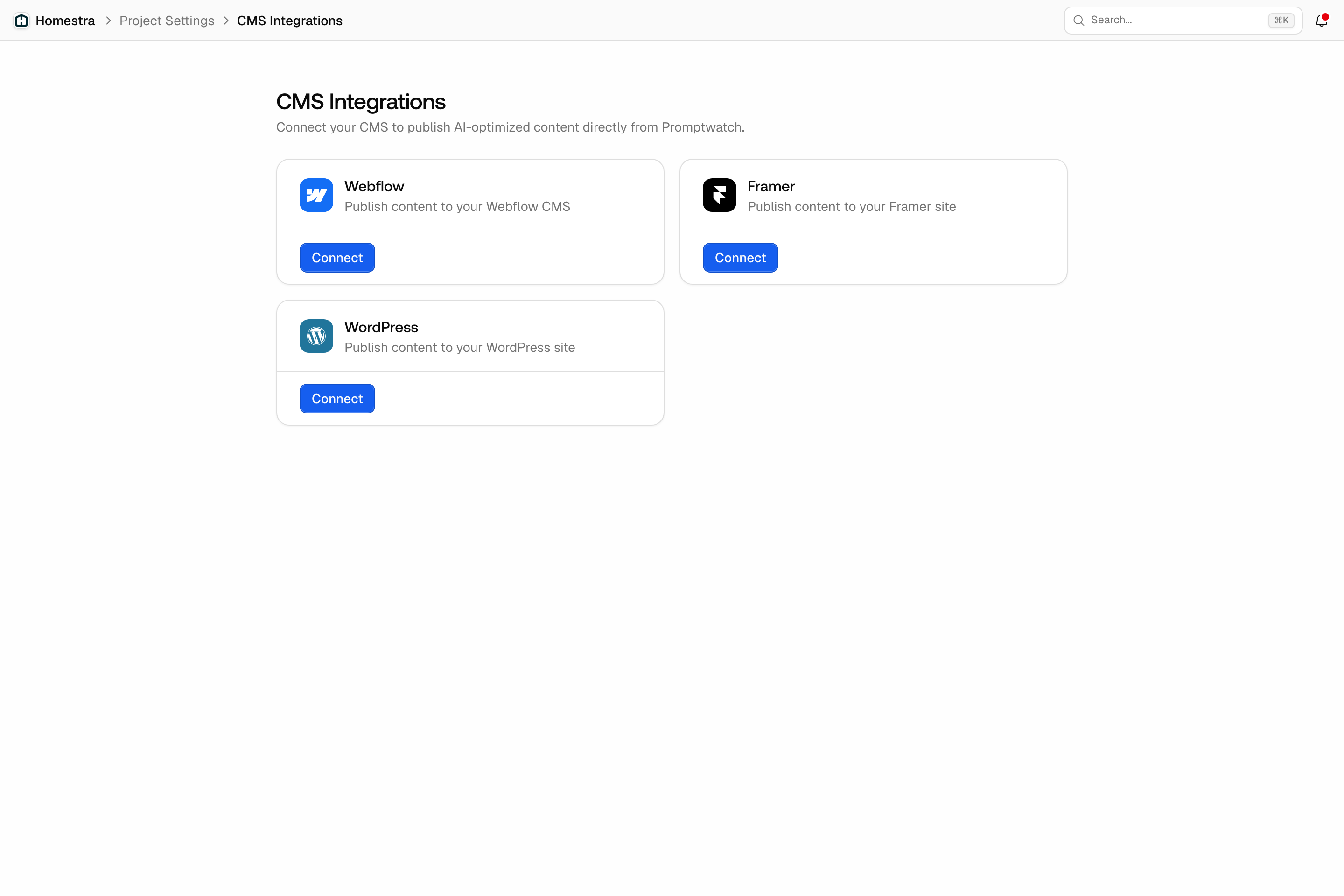 The Promptwatch CMS Integrations page with Webflow, Framer, and WordPress provider cards, each with a Connect button.