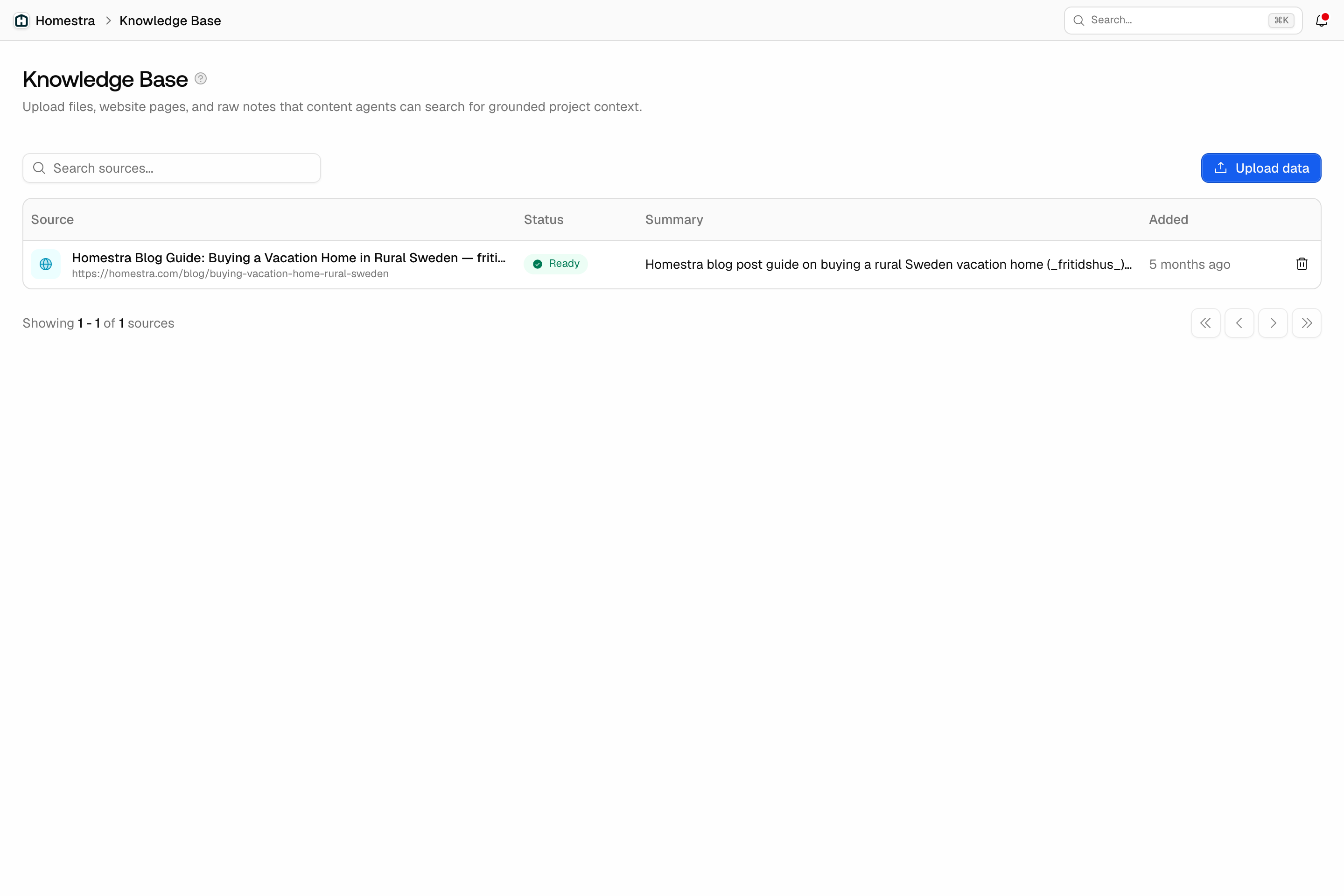 The Promptwatch Knowledge Base table with a processed source in Ready status.