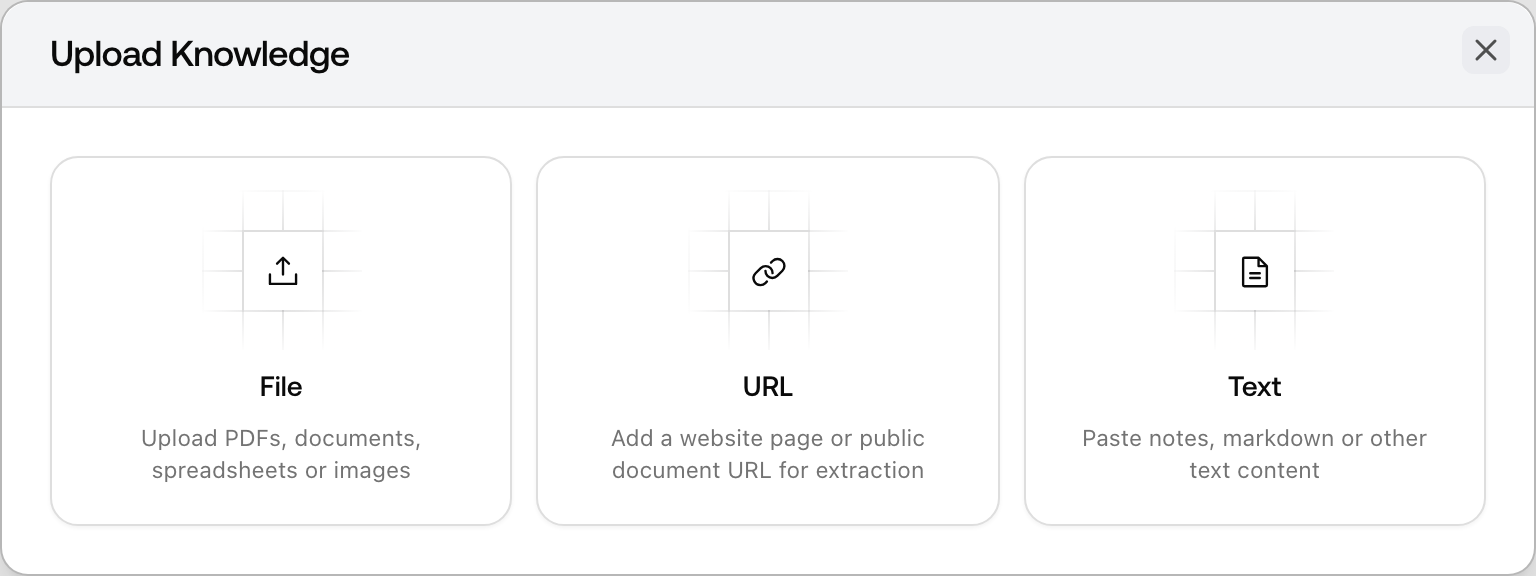 The Promptwatch Upload Knowledge dialog with File, URL, and Text source type cards.