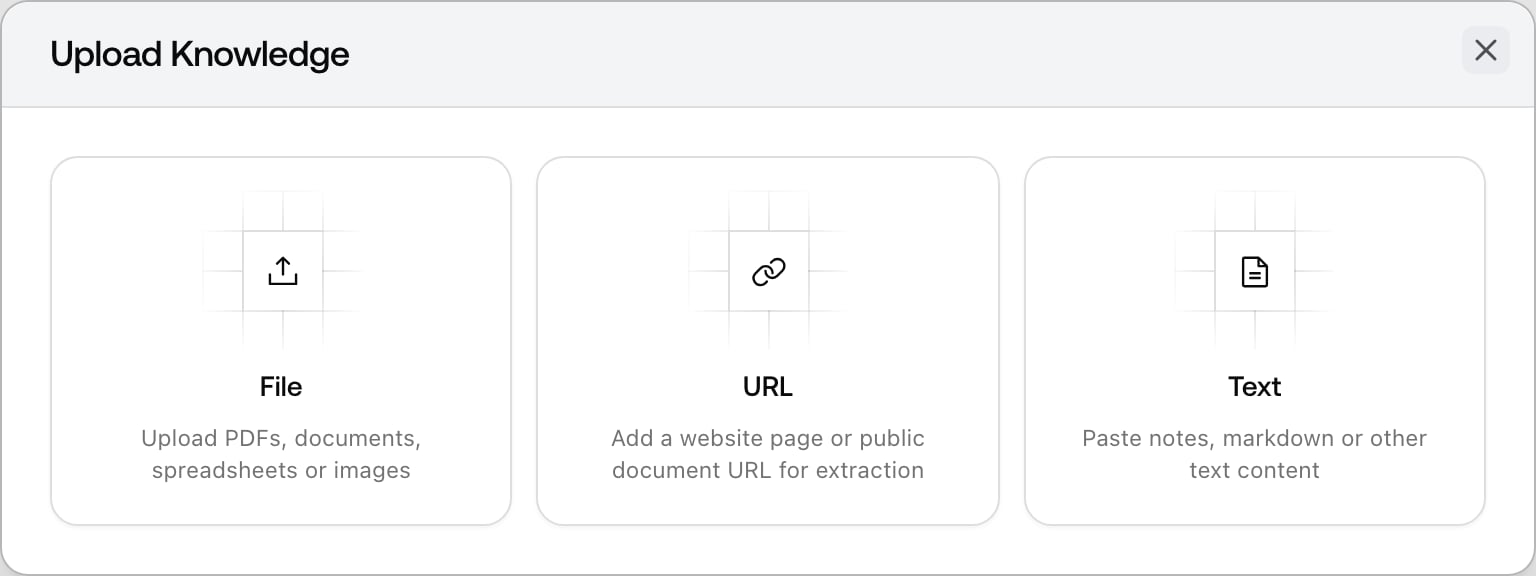 The Promptwatch Upload Knowledge dialog with File, URL, and Text source type cards.