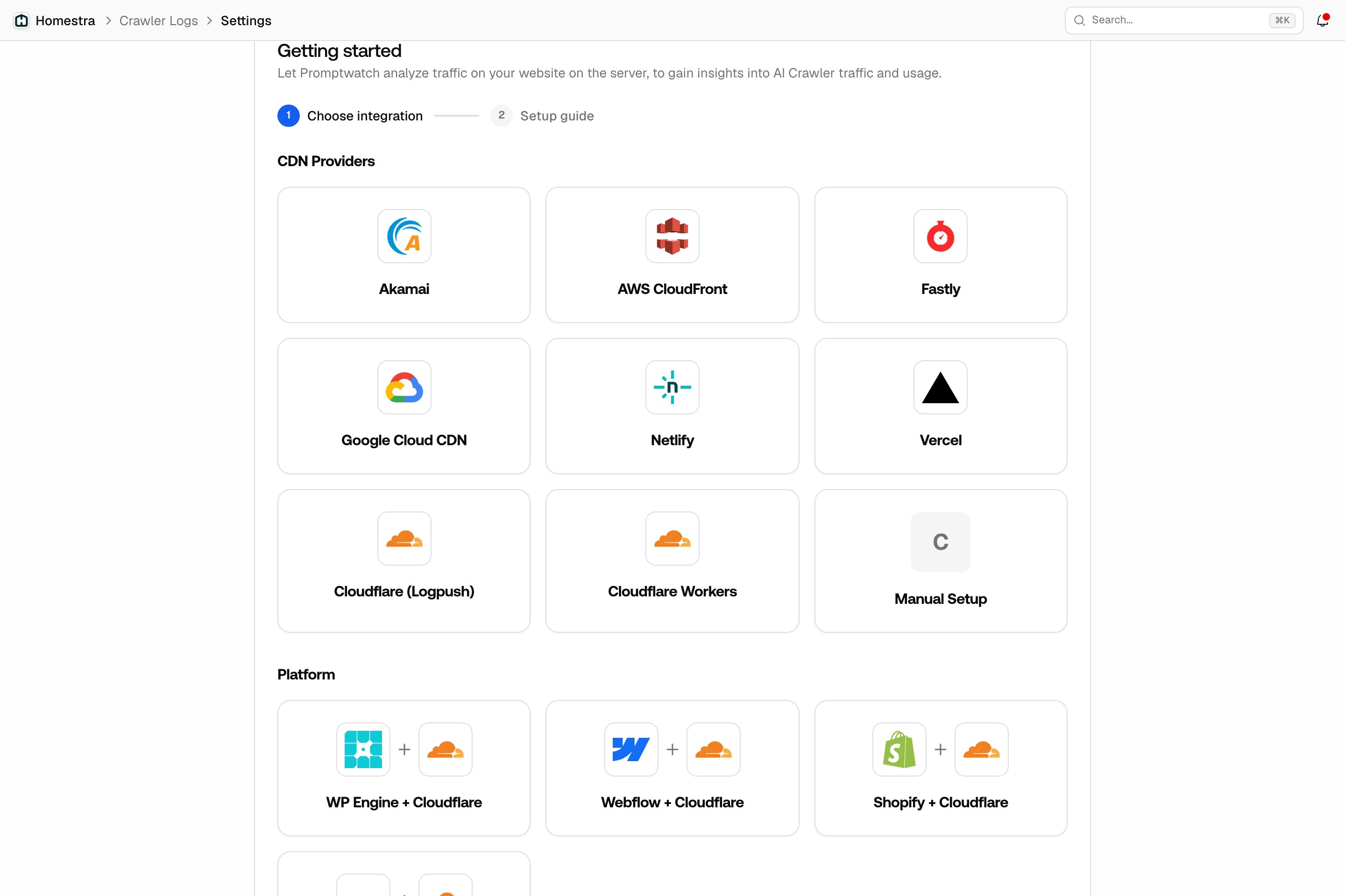 The Promptwatch crawler log integration picker listing CDN providers and Cloudflare-backed platforms.