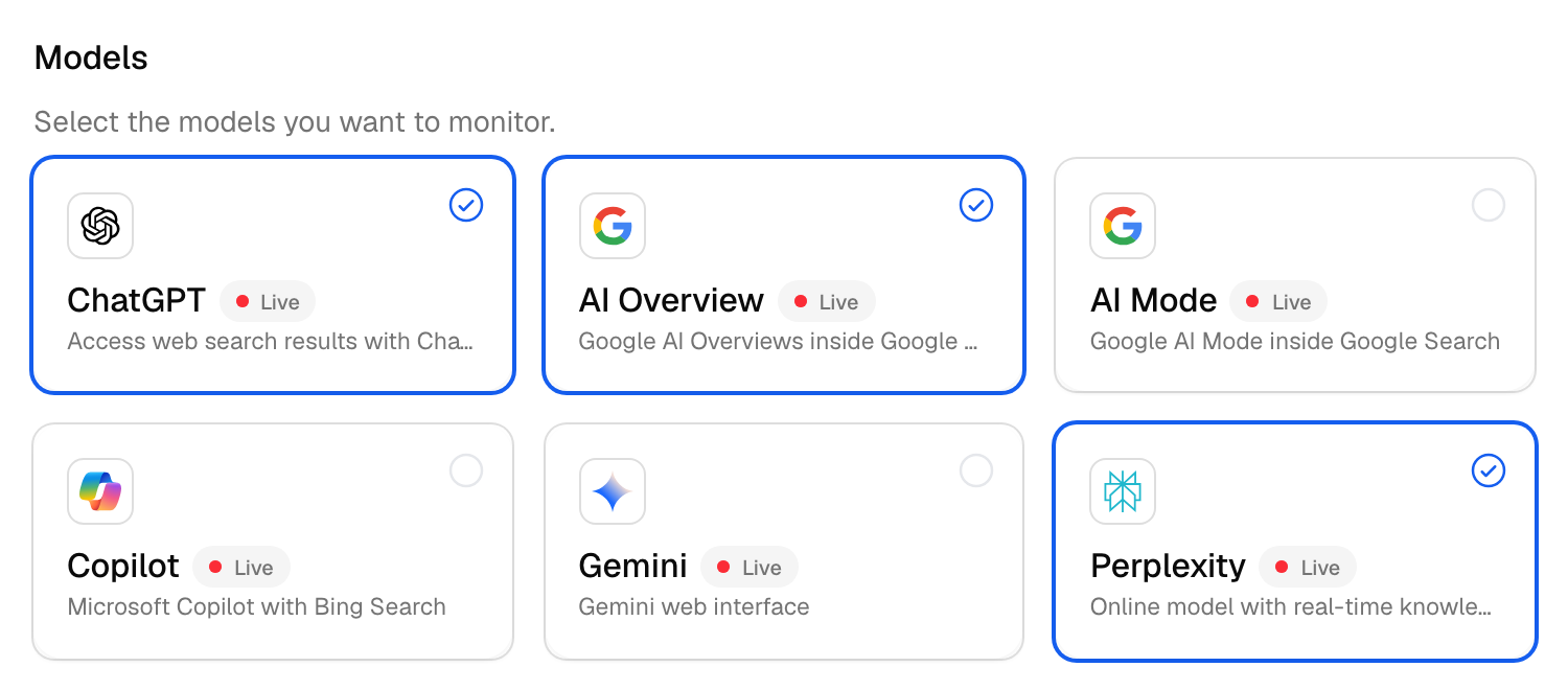 The Promptwatch monitor Settings Models grid: selected models have a blue border and a check mark.
