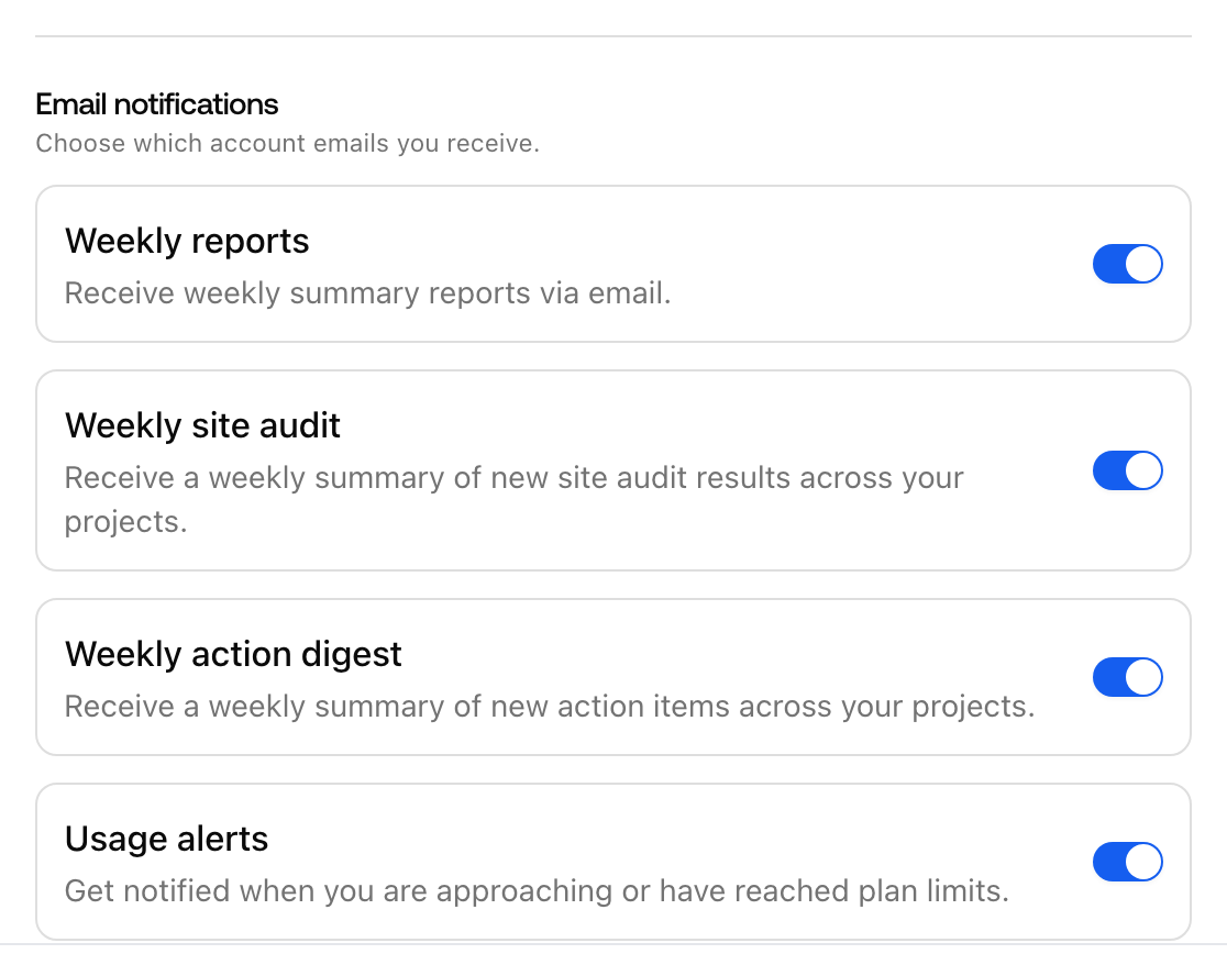 The Promptwatch User Settings Email notifications section with Weekly reports, Weekly action digest, and Usage alerts toggles.