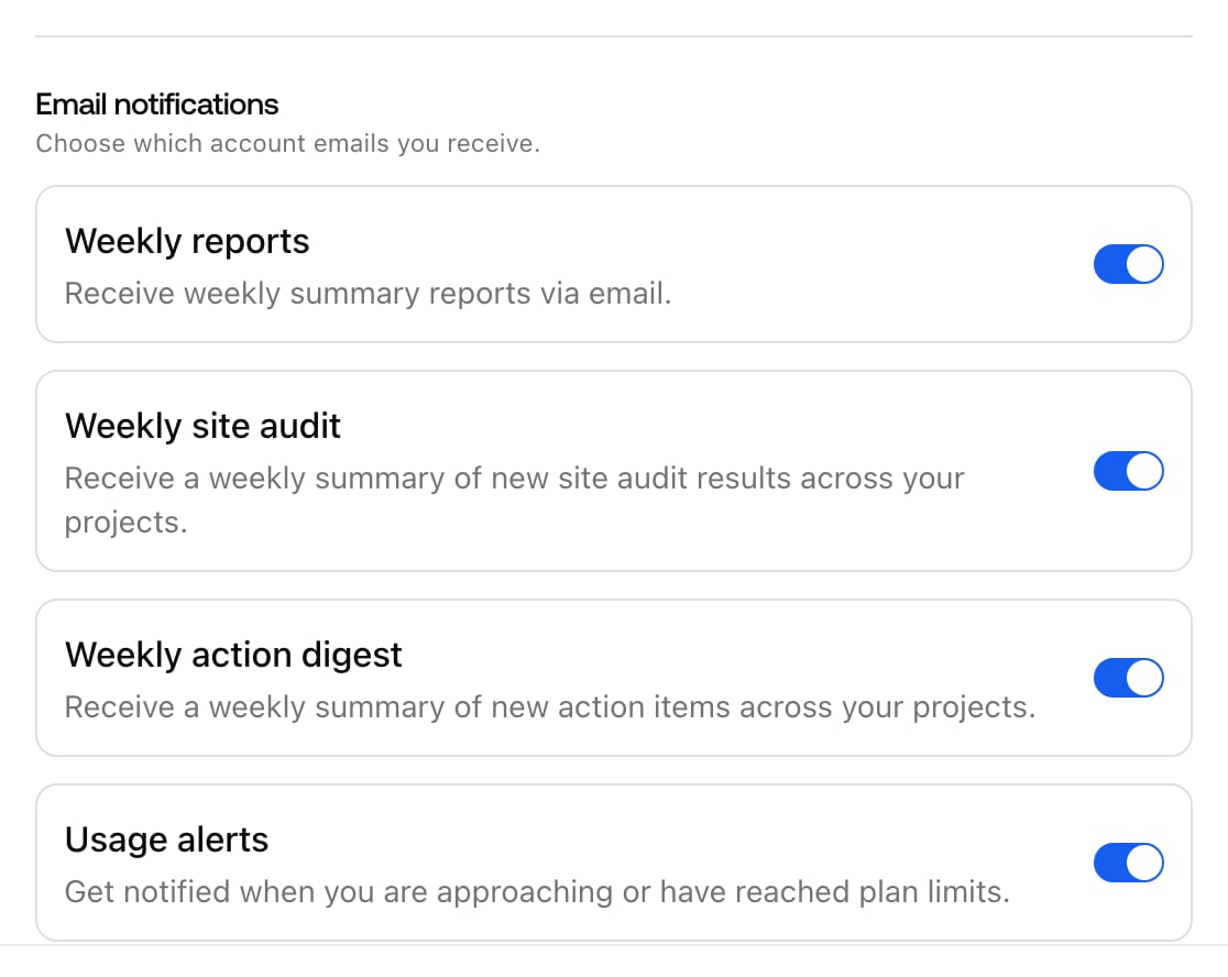 The Promptwatch User Settings Email notifications section with Weekly reports, Weekly action digest, and Usage alerts toggles.