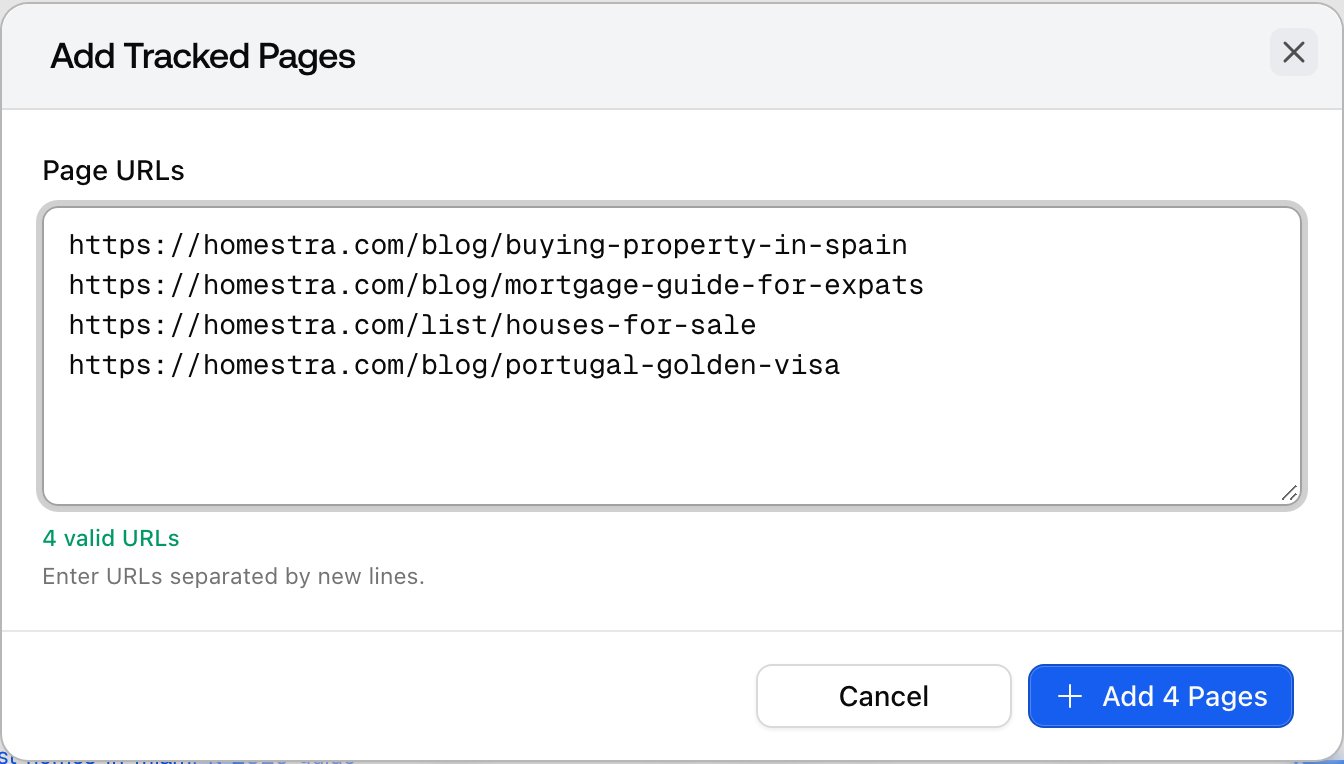 The Promptwatch Add Tracked Pages dialog with several URLs pasted into the textarea and marked valid.