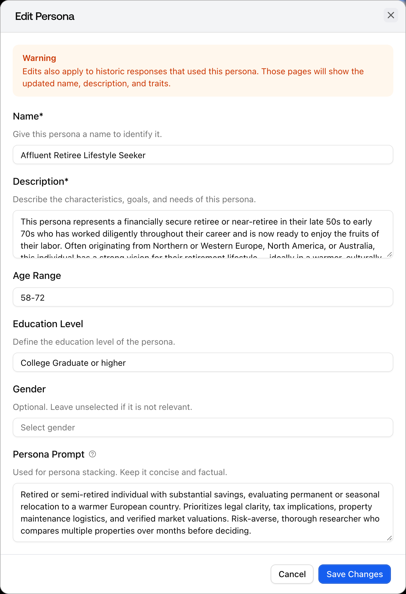The Promptwatch Edit Persona dialog with the name, description, traits, and Persona Prompt fields.