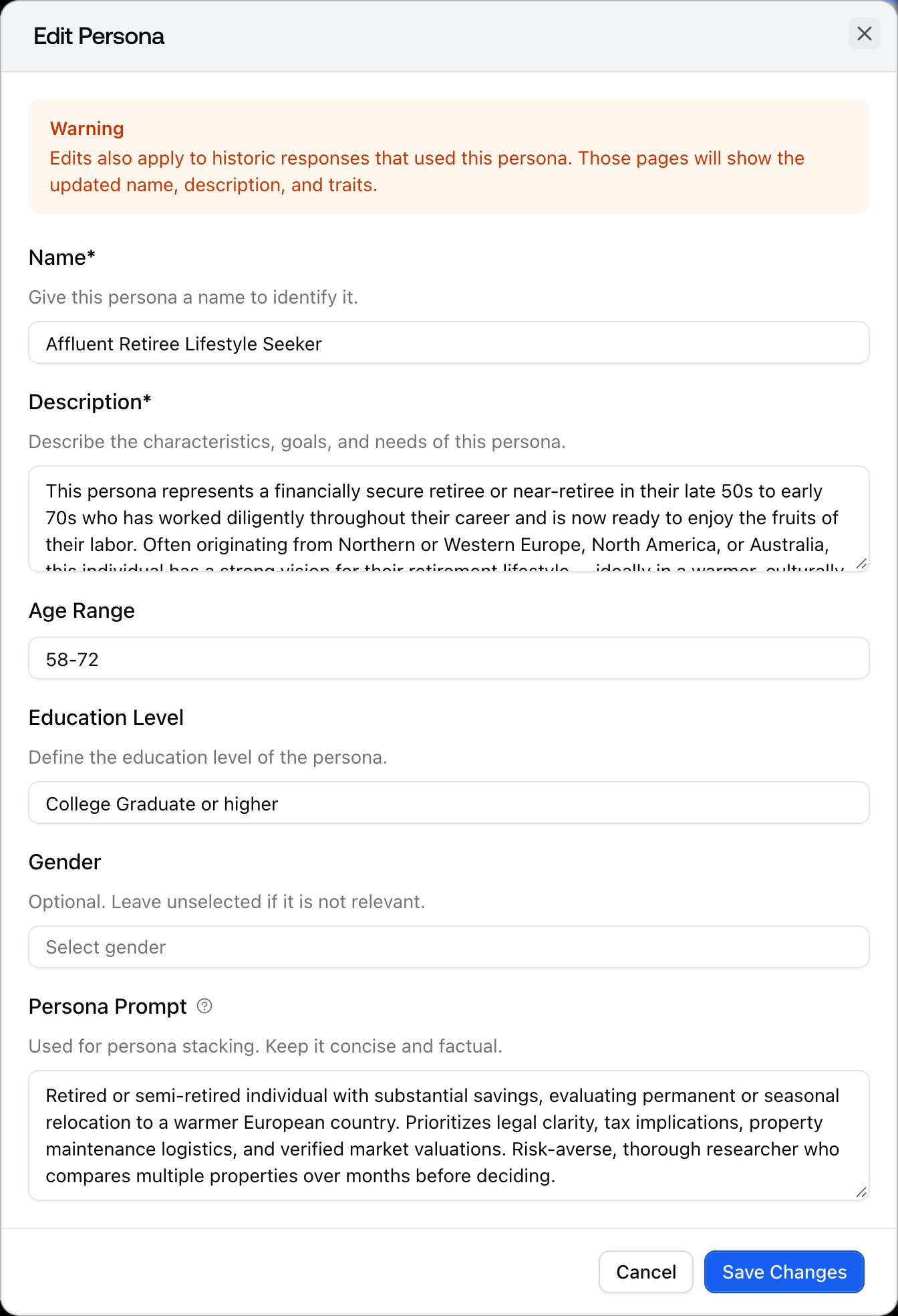 The Promptwatch Edit Persona dialog with the name, description, traits, and Persona Prompt fields.