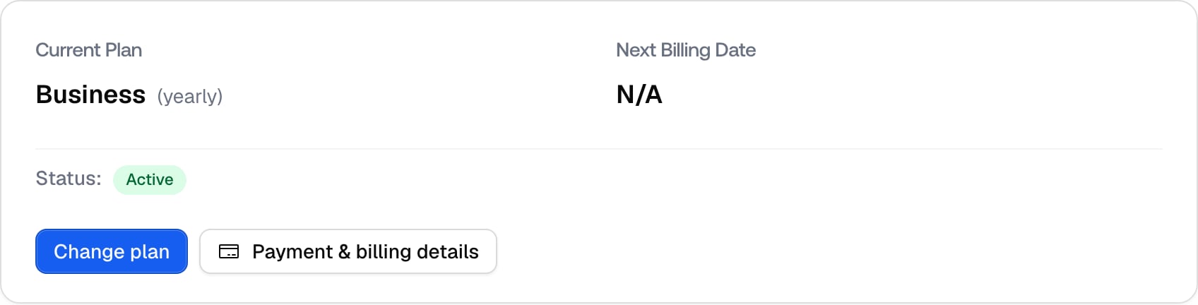 The Billing page's Current Plan card in Promptwatch, showing the plan, yearly billing frequency, next billing date, Active status and the Change plan, Payment & billing details and Cancel plan buttons.
