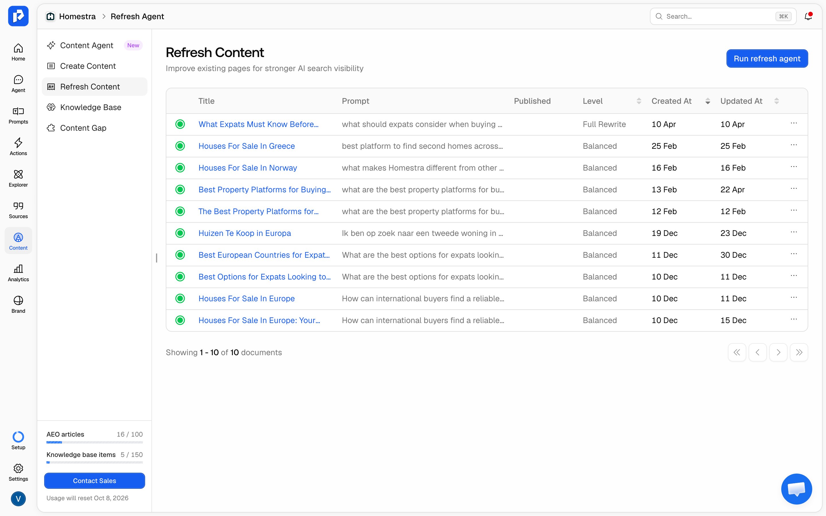 The Promptwatch Refresh Content page with the document list and the Run refresh agent button.