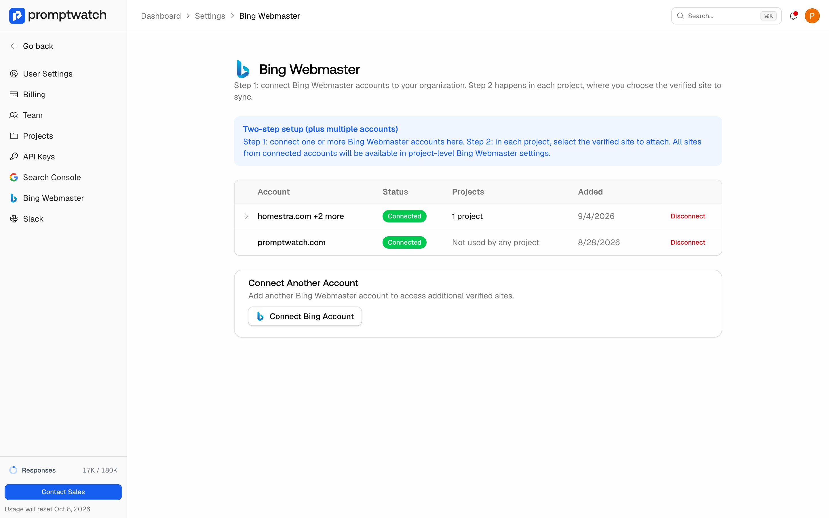 The Promptwatch organization Settings Bing Webmaster page, with two connected accounts and a Connect Another Account card.