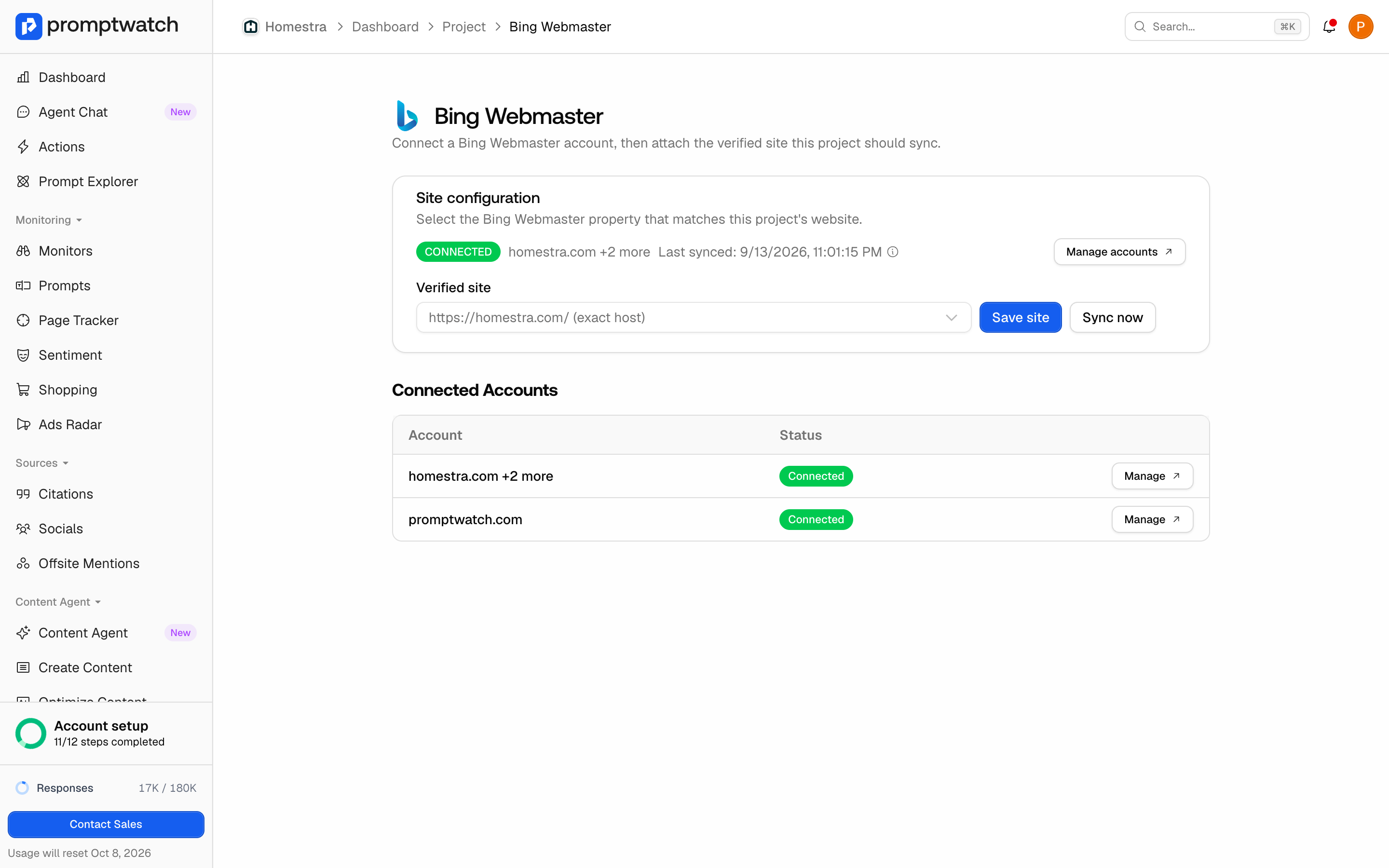 The Promptwatch project Bing Webmaster Site configuration, with https://homestra.com/ attached as an exact host match.