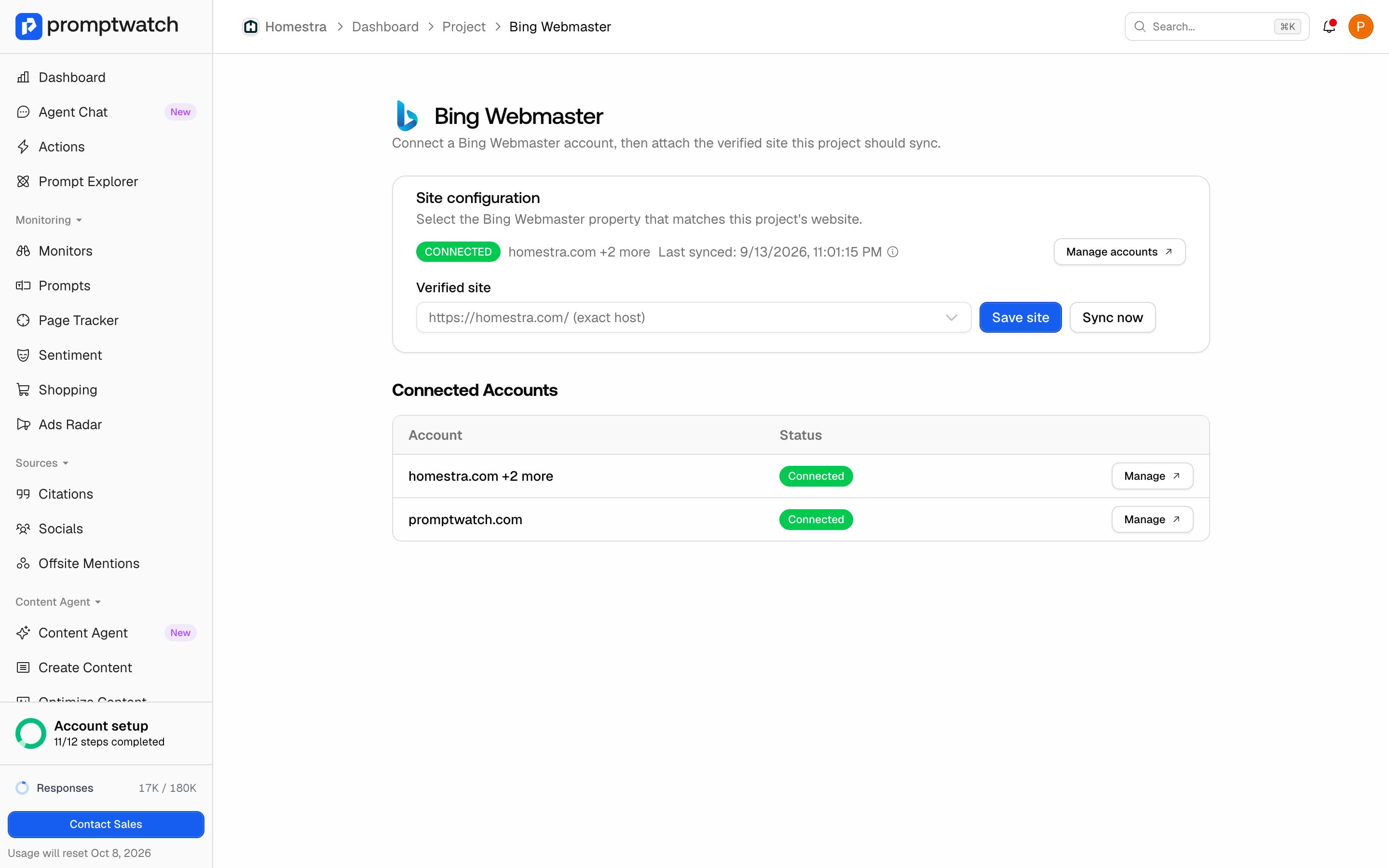 The Promptwatch project Bing Webmaster Site configuration, with https://homestra.com/ attached as an exact host match.