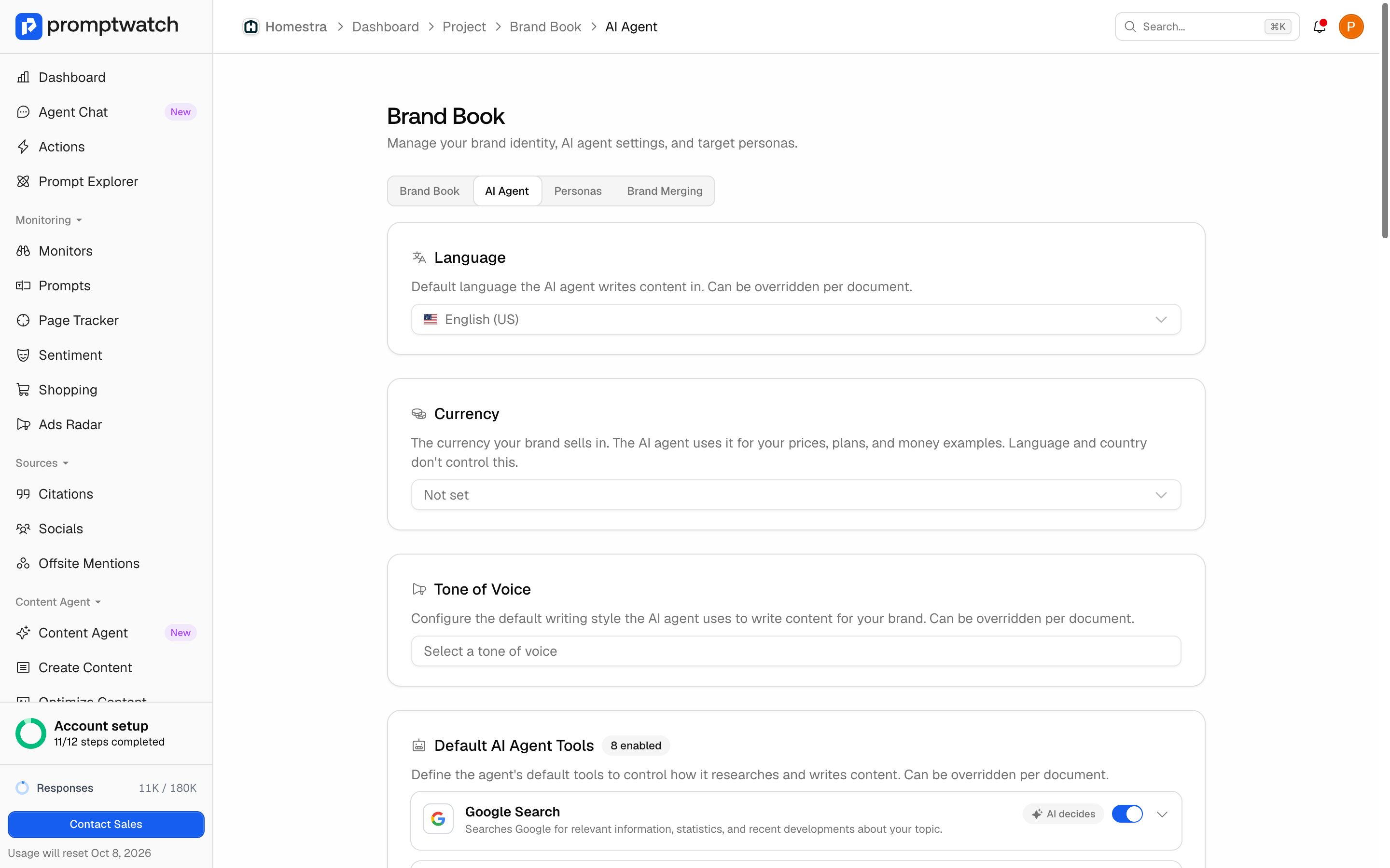 The Promptwatch Brand Book AI Agent page with the language, currency, and tone of voice defaults.