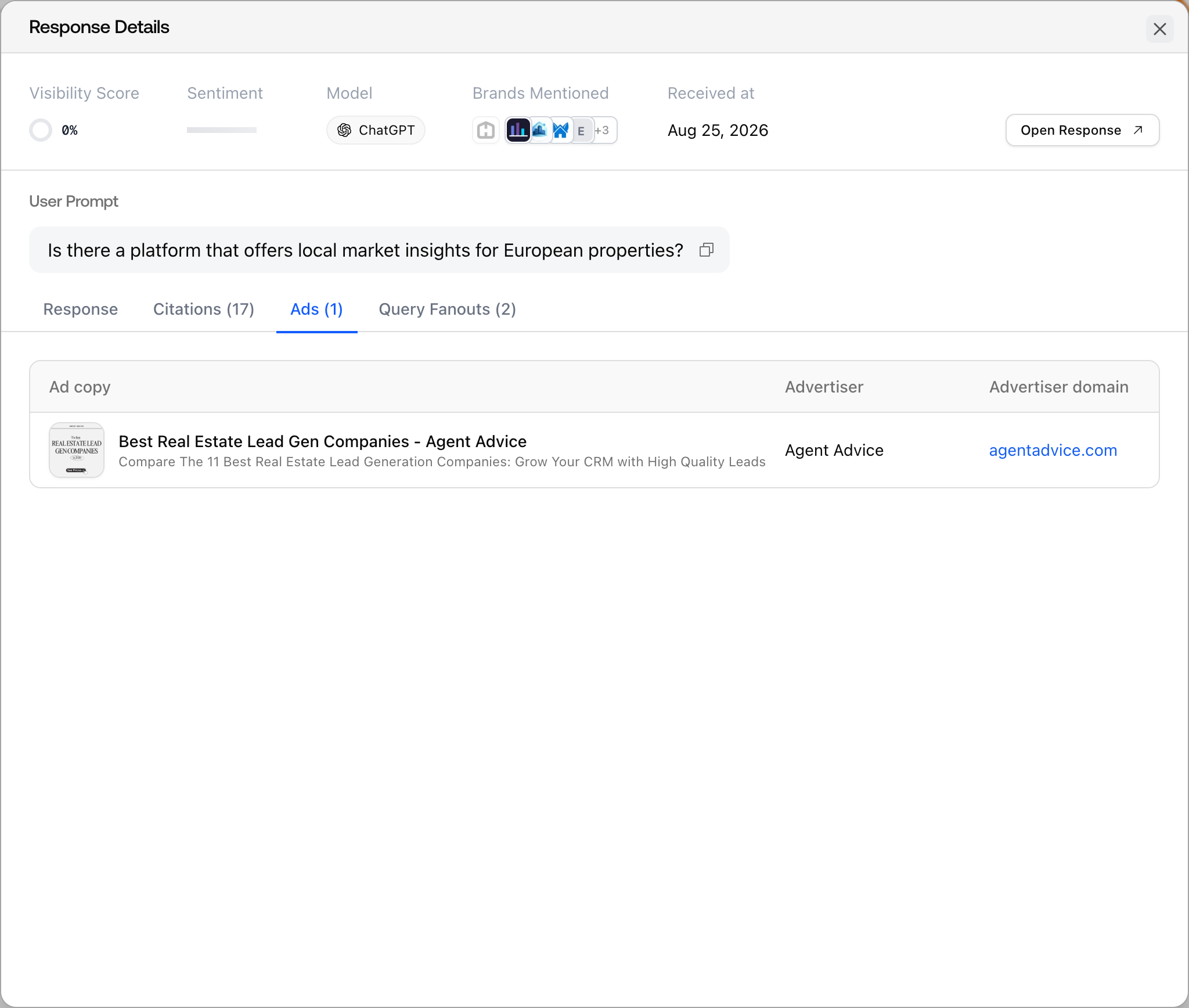 A Promptwatch Ads Radar response sheet with the Ads tab open, showing the captured ad copy, advertiser, and advertiser domain.