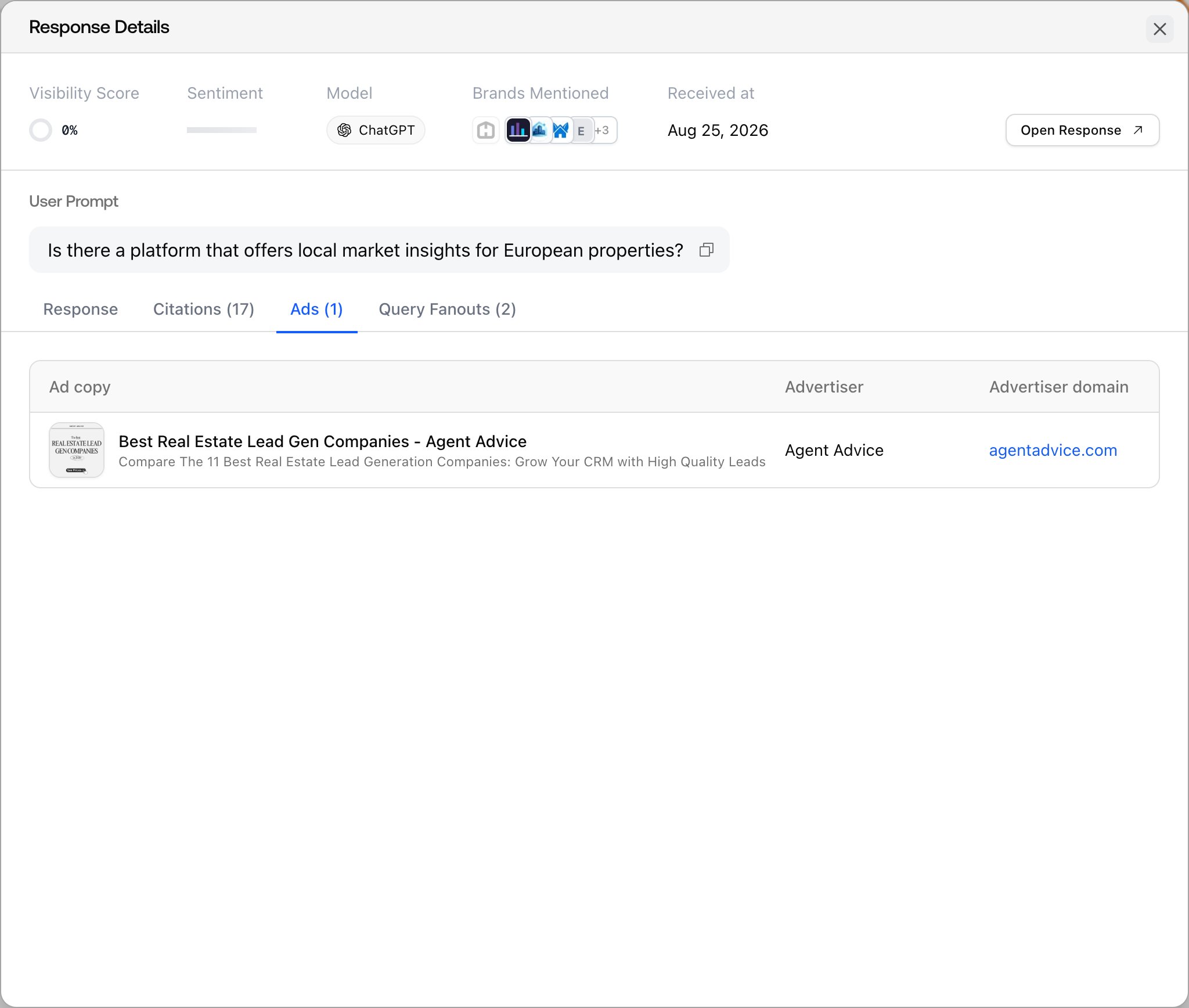 A Promptwatch Ads Radar response sheet with the Ads tab open, showing the captured ad copy, advertiser, and advertiser domain.