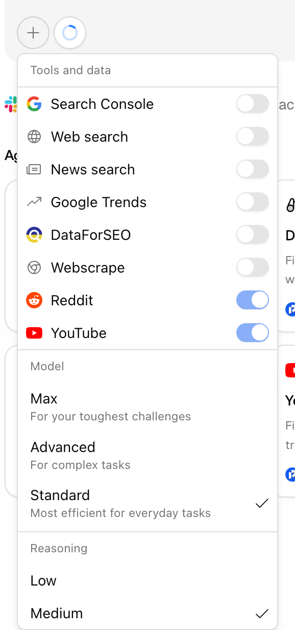 The Promptwatch Agent Chat input-bar picker open on Tools and data, Model tiers, and Reasoning effort, with Standard and Medium selected.