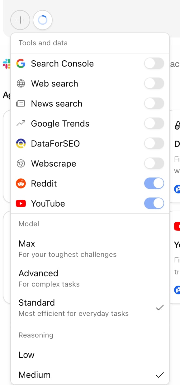 The Promptwatch Agent Chat input-bar picker open on Tools and data, Model tiers, and Reasoning effort, with Standard and Medium selected.