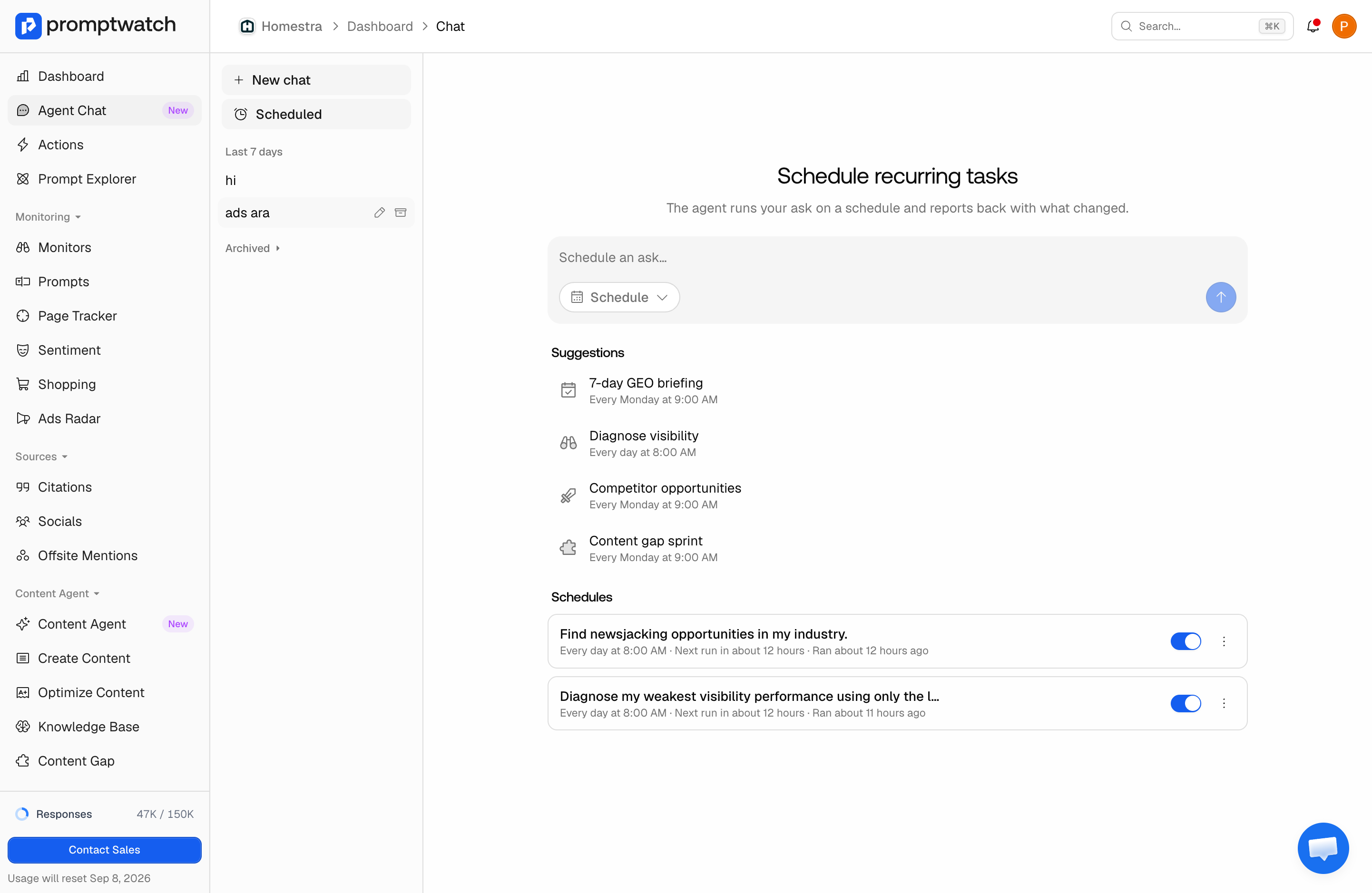 The Promptwatch Agent Chat Scheduled view with the recurring-task composer and two enabled daily schedules.