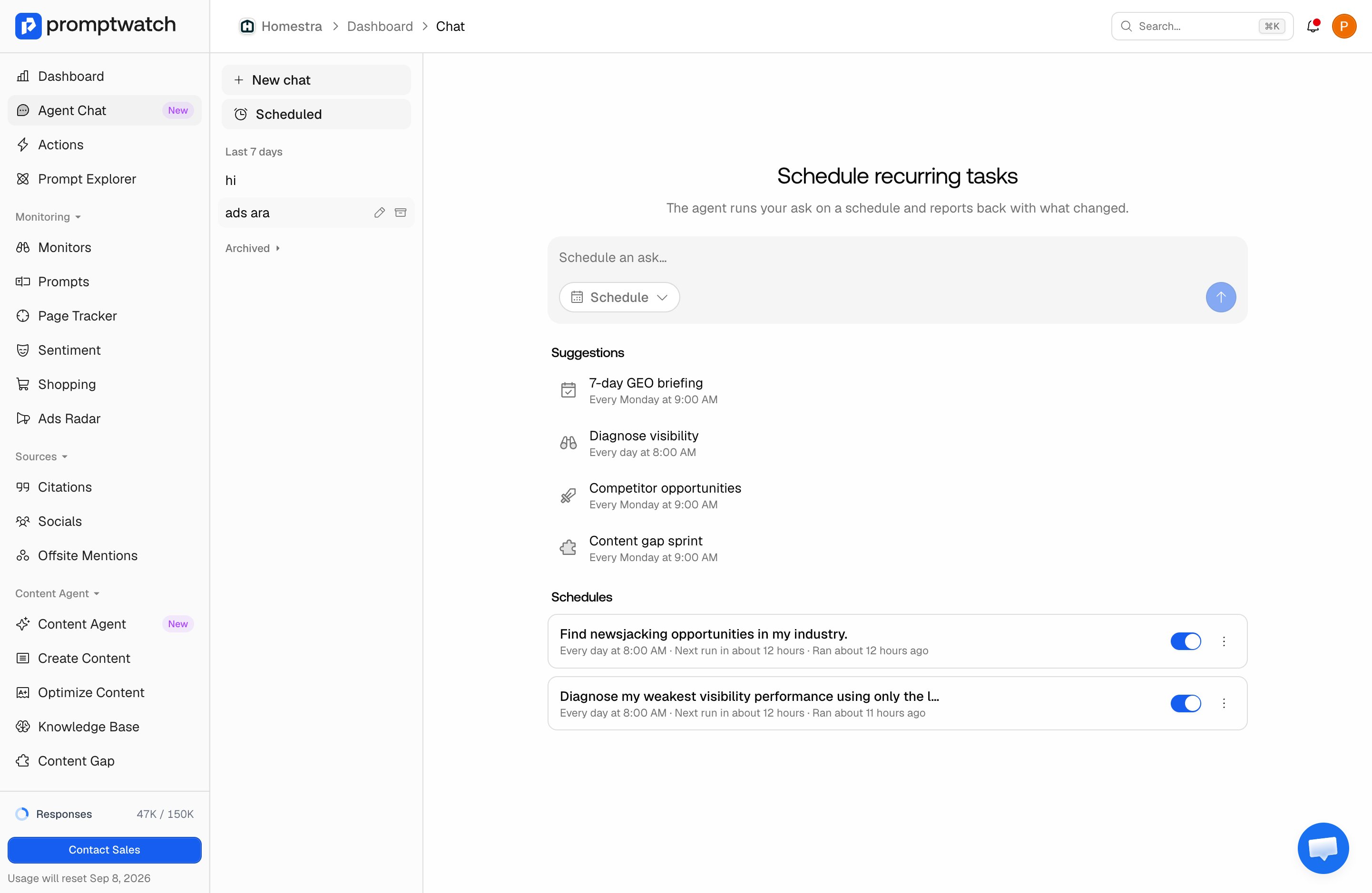 The Promptwatch Agent Chat Scheduled view with the recurring-task composer and two enabled daily schedules.