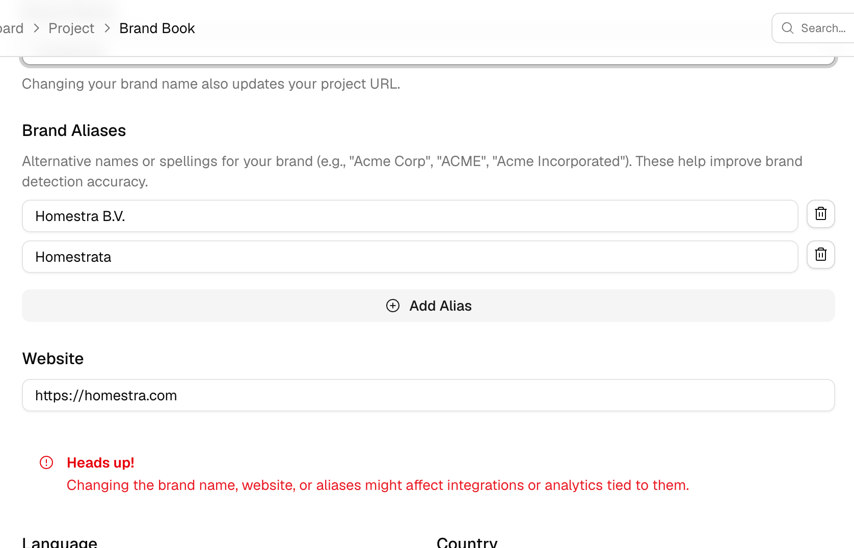The Promptwatch Brand Book Heads up warning that appears after editing the brand name, website, or aliases.