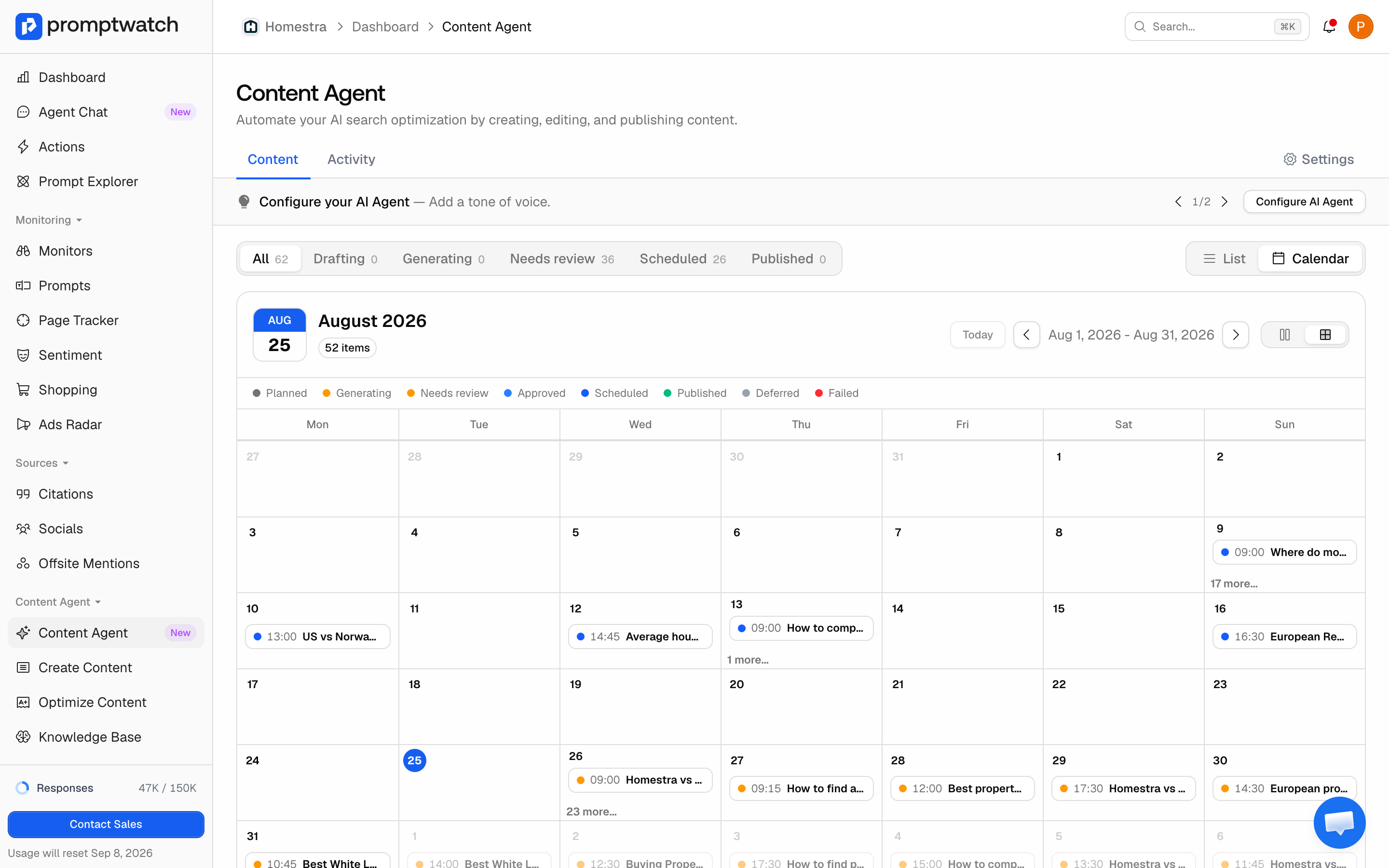 The Promptwatch Content Agent Content tab in calendar view, with status filter counts and the status color legend.