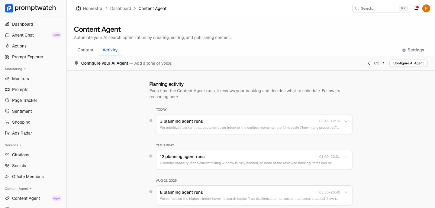 The Promptwatch Content Agent Activity tab showing the planning timeline with run groups and rationale.