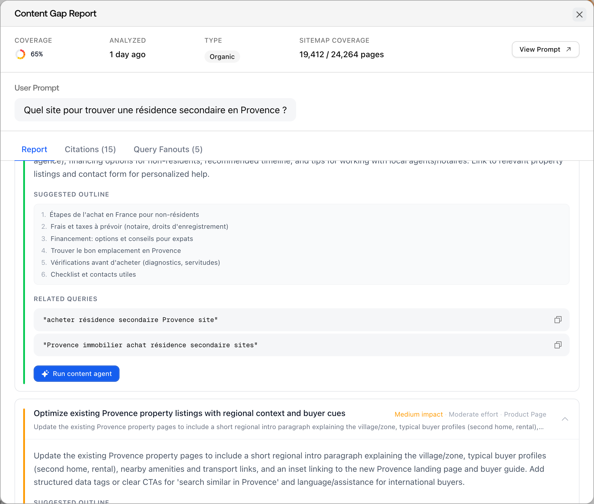 A Promptwatch Content Gap report sheet open on the Report tab, showing coverage, an AI summary, and Create and Optimize recommendations.