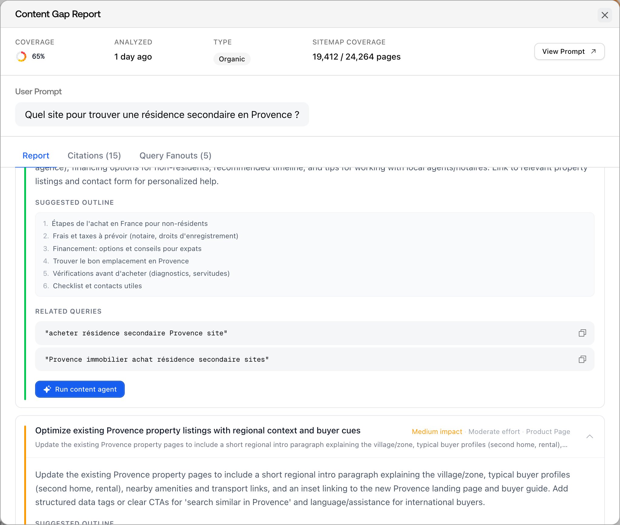 A Promptwatch Content Gap report sheet open on the Report tab, showing coverage, an AI summary, and Create and Optimize recommendations.