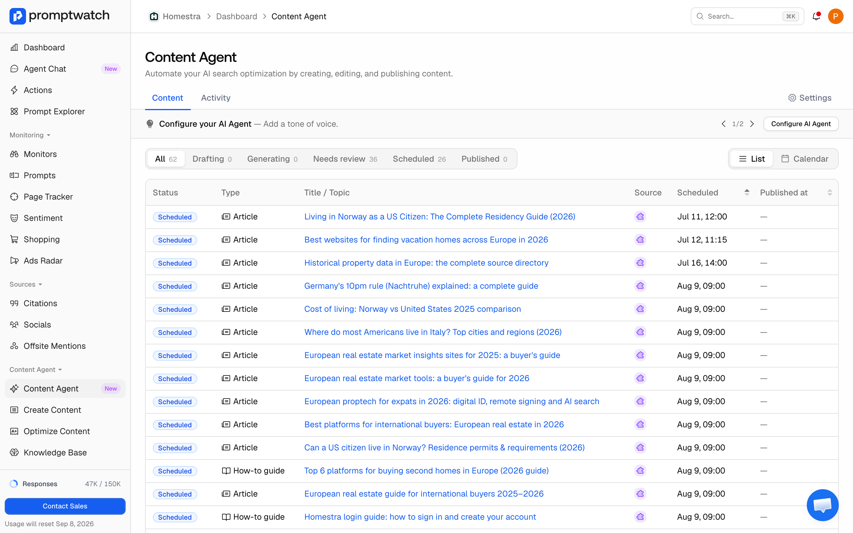 The Promptwatch Content Agent list view with status filter tabs and counts, and scheduled pieces in the table.