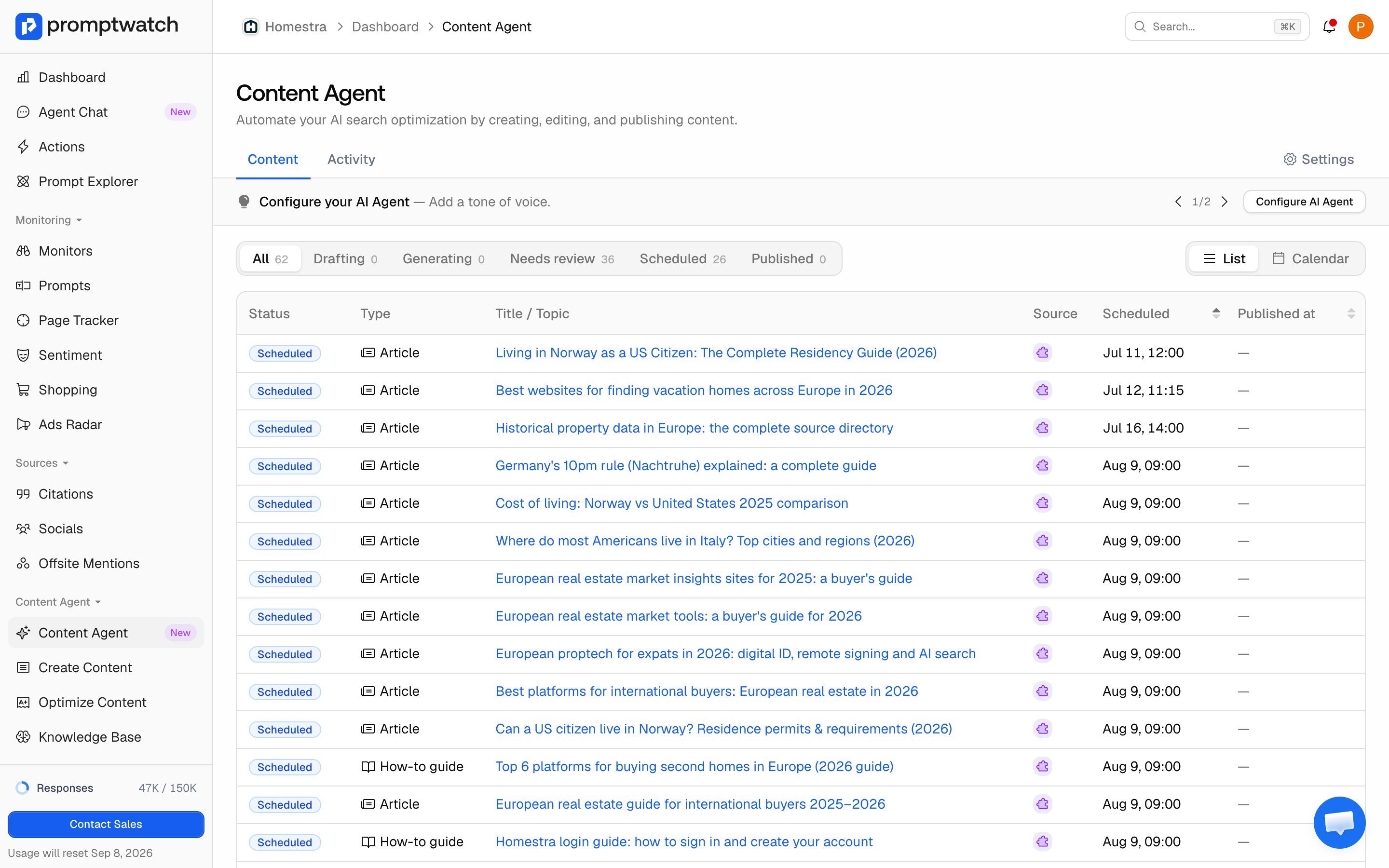The Promptwatch Content Agent list view with status filter tabs and counts, and scheduled pieces in the table.
