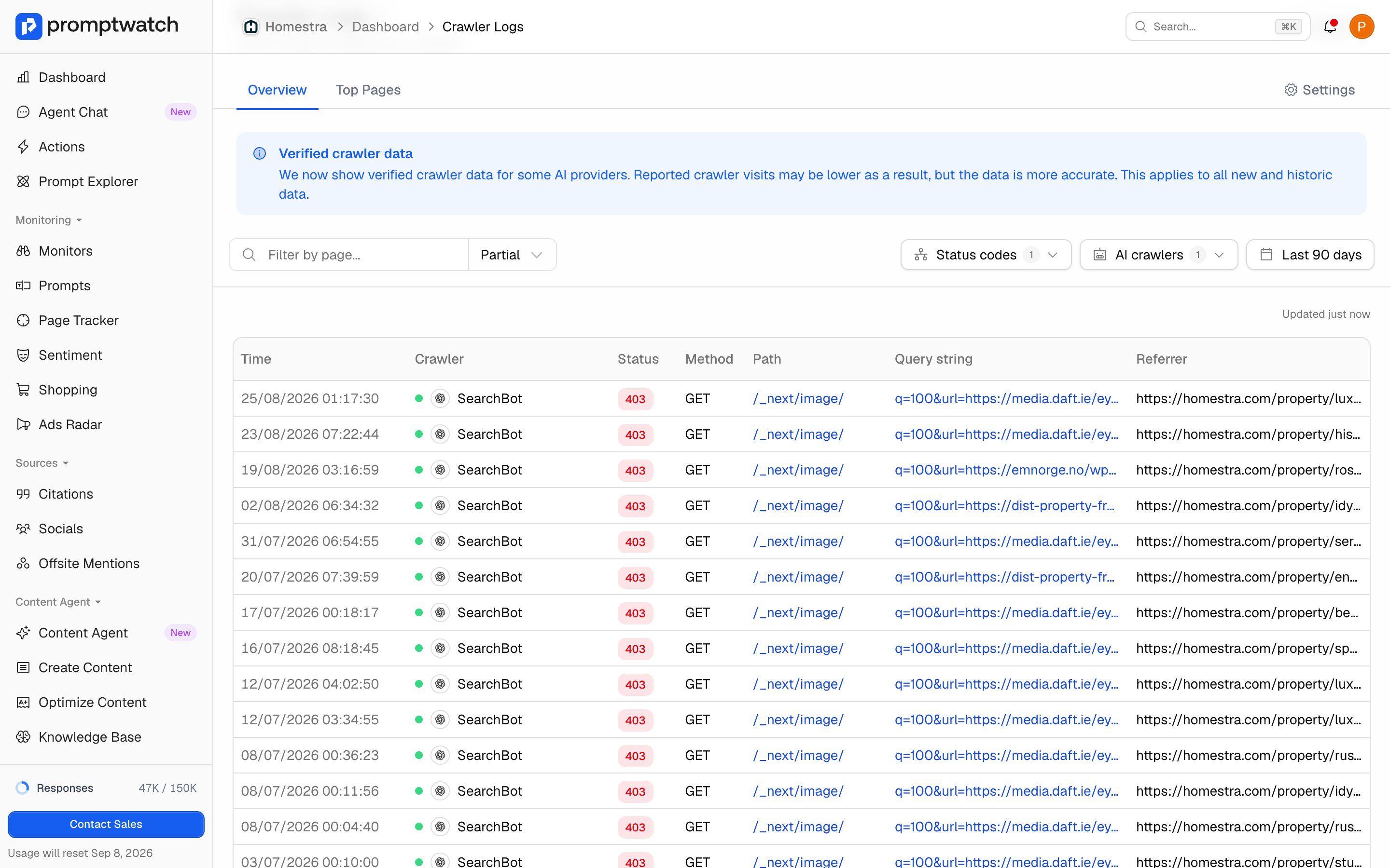 The Promptwatch Crawler Logs table filtered to SearchBot and 403 status codes, with a red 403 badge on each row.