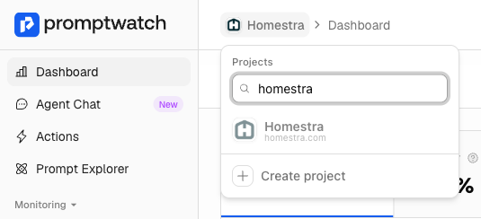 The Promptwatch project switcher open in the header, listing projects and the Create project item at the bottom.