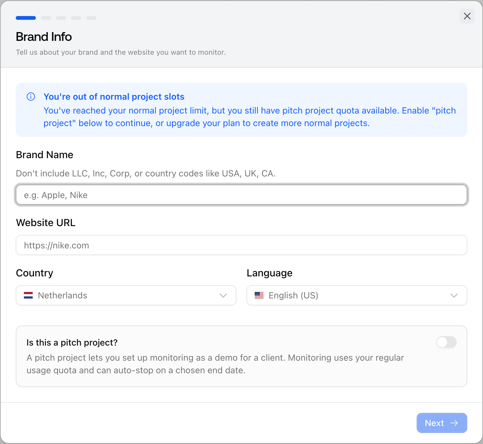 Step 1 of the Promptwatch create-project wizard, Brand Info, with Brand Name, Website URL, Country, and Language fields.