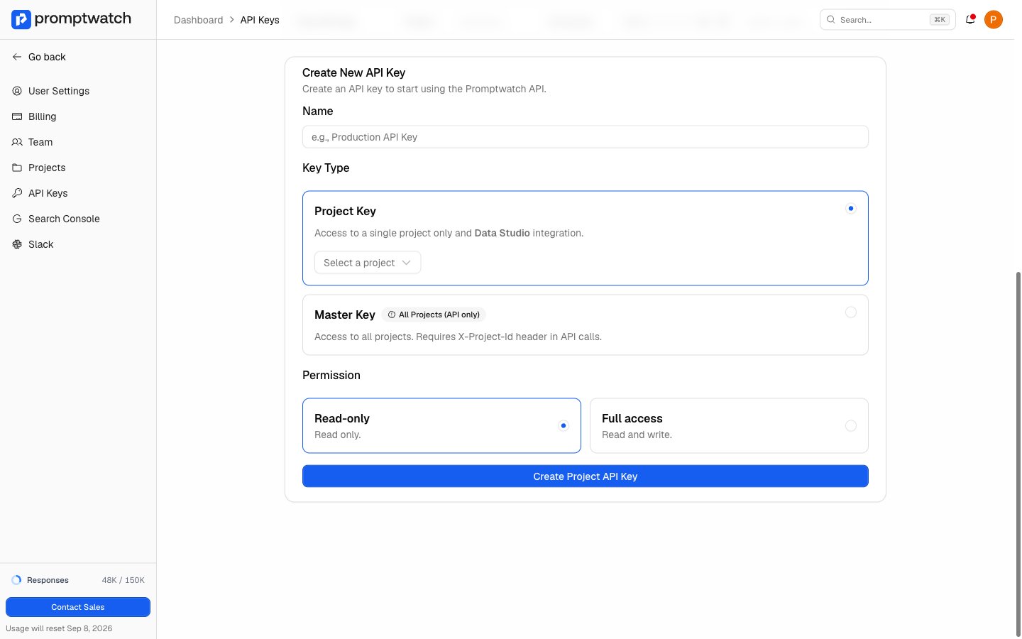 The Create New API Key form in Promptwatch settings with the Project Key type selected, showing access to a single project and Data Studio integration with read-only permission.