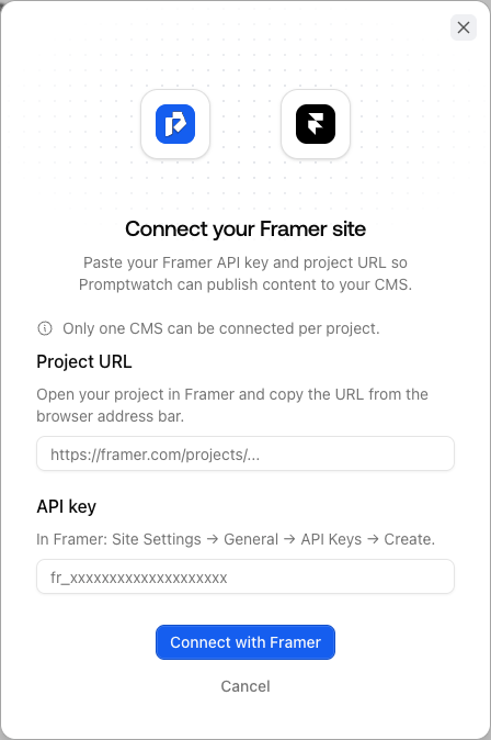 The Promptwatch Connect your Framer site dialog with the Project URL and API key fields.
