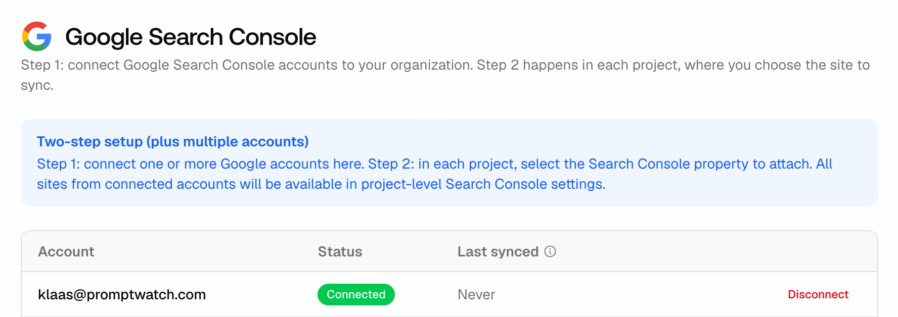 The Promptwatch organization Settings Search Console page, with connected Google accounts and a Connect Google Account button.