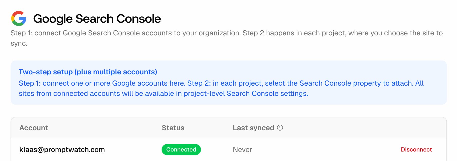 The Promptwatch organization Settings Search Console page, with connected Google accounts and a Connect Google Account button.