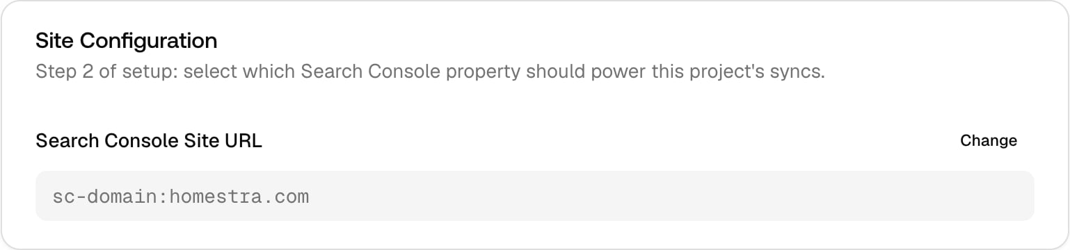 The Promptwatch project Search Console Site Configuration, with sc-domain:homestra.com already attached.