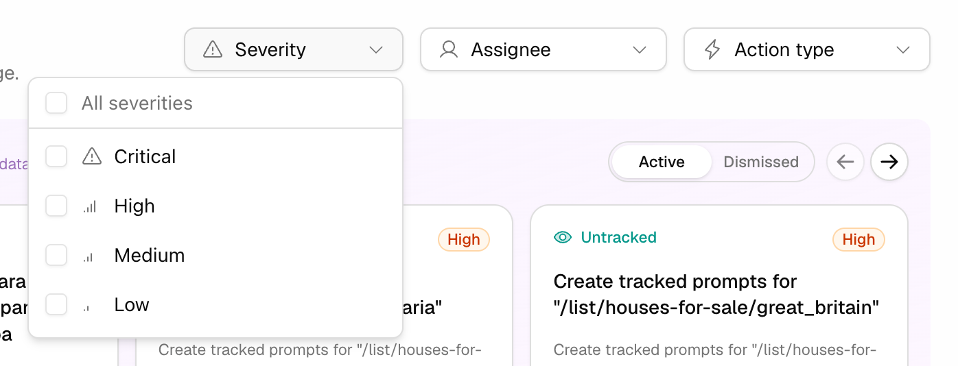 The Promptwatch Action Board filter bar with the Severity dropdown open, listing Critical, High, Medium, and Low.