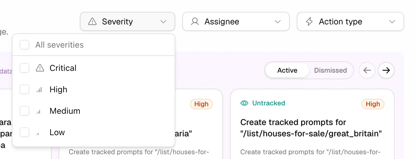 The Promptwatch Action Board filter bar with the Severity dropdown open, listing Critical, High, Medium, and Low.