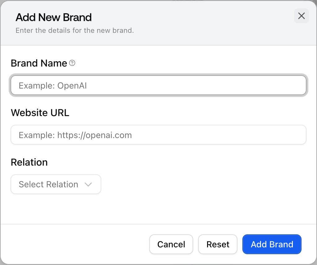 The Add New Brand dialog in Promptwatch where you enter a competitor's brand name, website URL, and relation to add it manually.