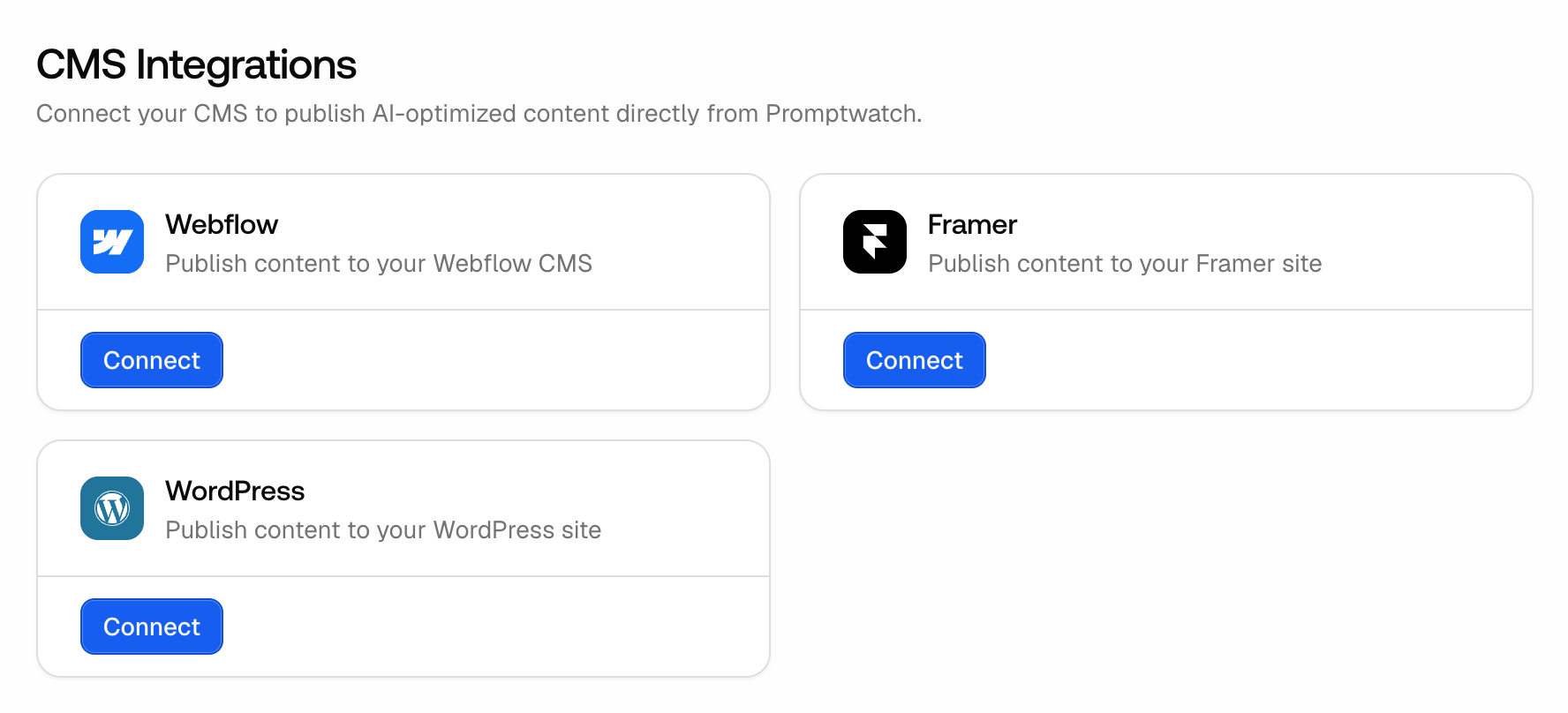 The Promptwatch CMS Integrations page with Webflow, Framer, and WordPress provider cards, each with a Connect button.