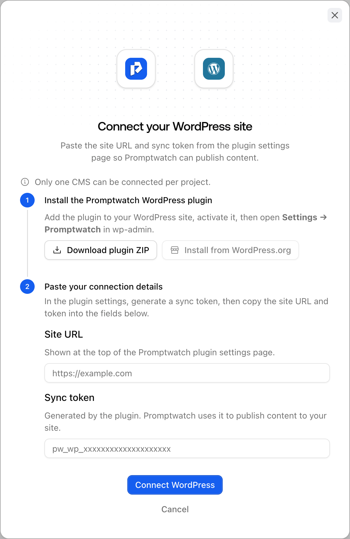 The Promptwatch WordPress connect dialog with plugin download, Site URL, and Sync token fields.