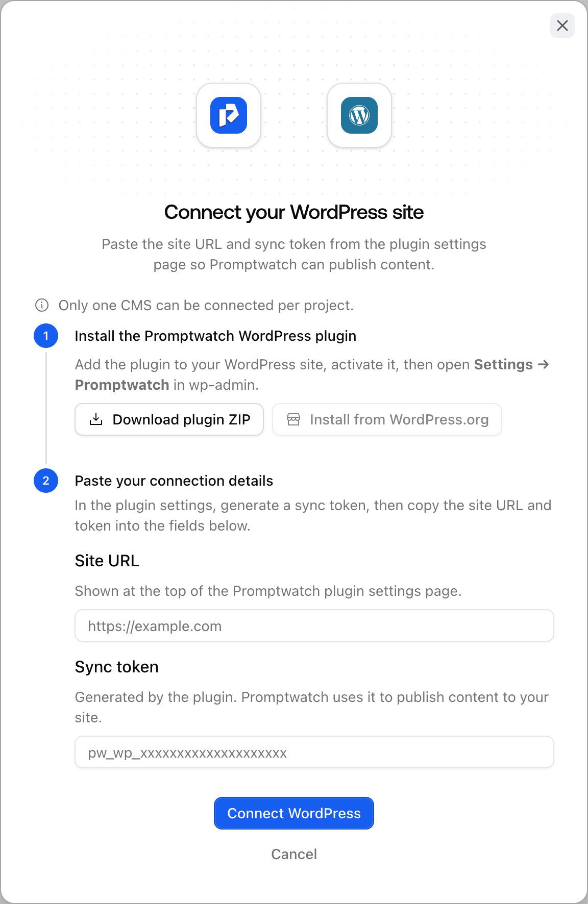 The Promptwatch WordPress connect dialog with plugin download, Site URL, and Sync token fields.