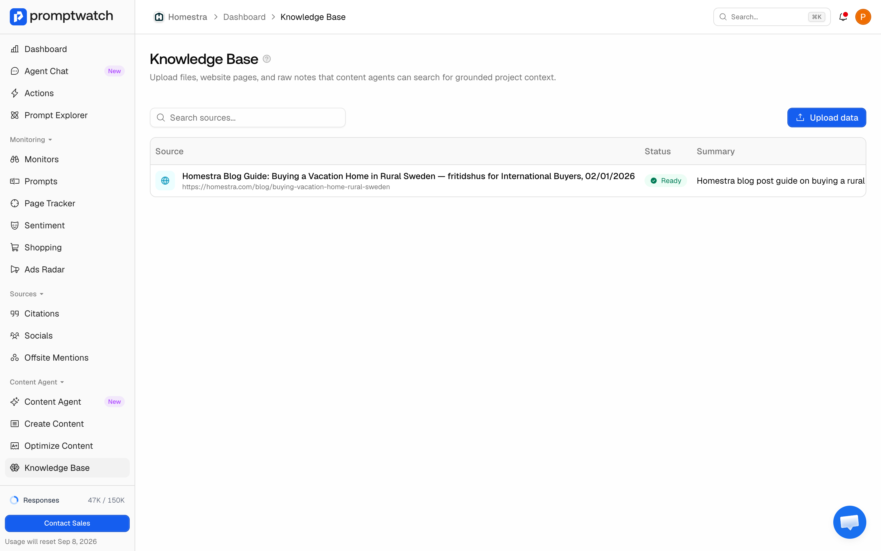 The Promptwatch Knowledge Base table with a processed source in Ready status.